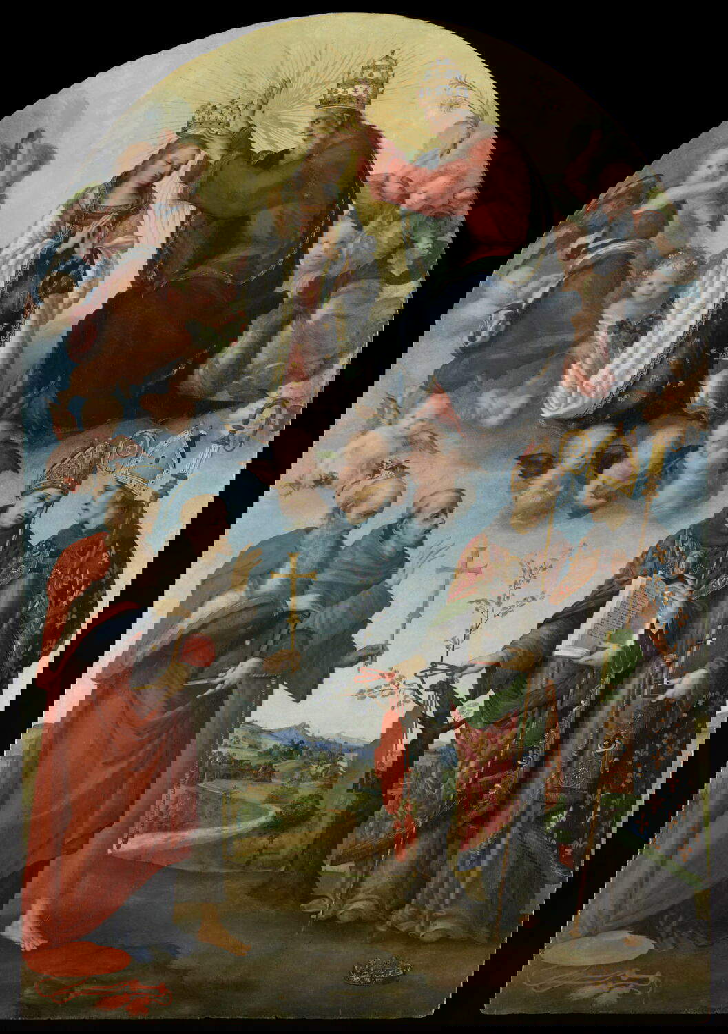 Alonso Berruguete, Bernardo di Leonardo et d'autres artistes, Couronnement de la Vierge (1505-1525 ; panneau, 278,5 x 189 cm ; Paris, Louvre). Localisation : Florence, hôtellerie du couvent des Santi Girolamo e Francesco alla Costa.