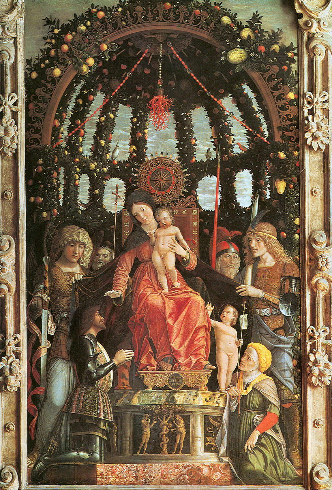 Andrea Mantegna, Madone de la Victoire (1495-1496 ; tempera et huile sur toile, 285 x 168 cm ; Paris, Louvre). Lieu de conservation : Mantoue, chapelle de Santa Maria della Vittoria