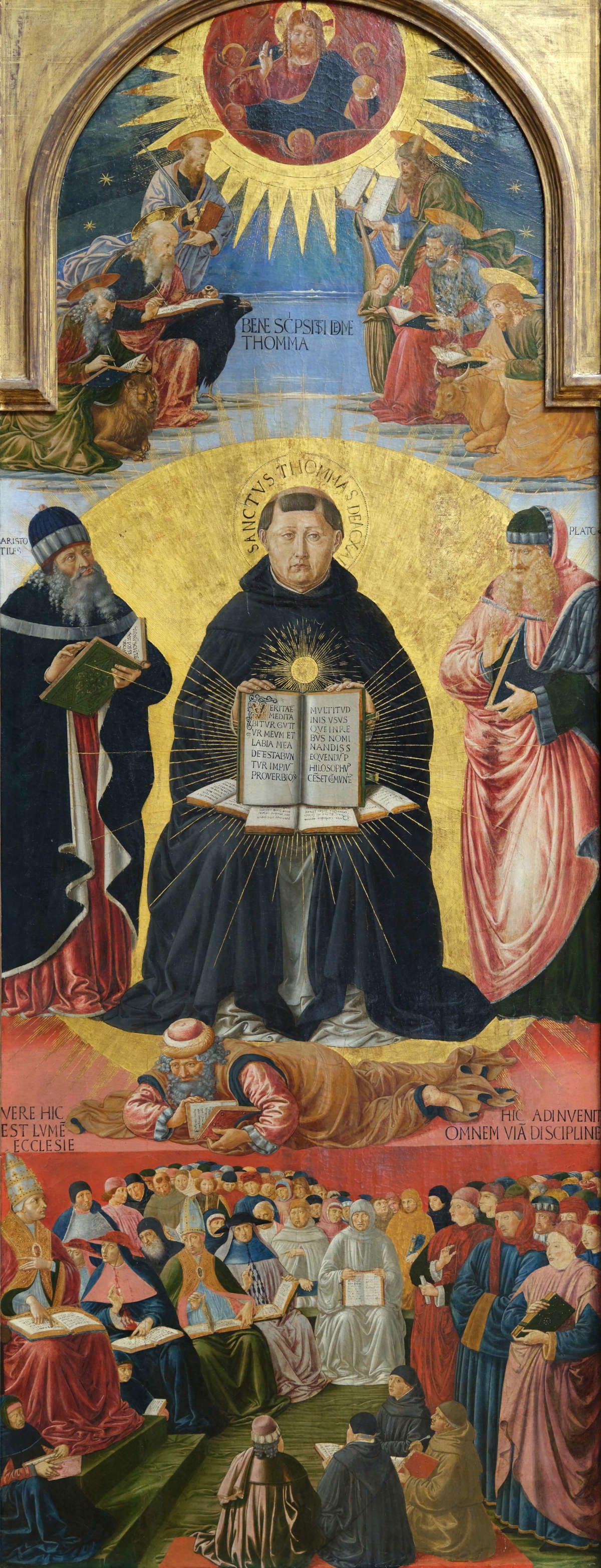 Benozzo Gozzoli, Triomphe de saint Thomas d'Aquin (vers 1470-1475 ; tempera sur panneau, 230 x 102 cm ; Paris, Louvre). Localisation : Pise, cathédrale, laissée au Louvre après les restitutions de 1815.