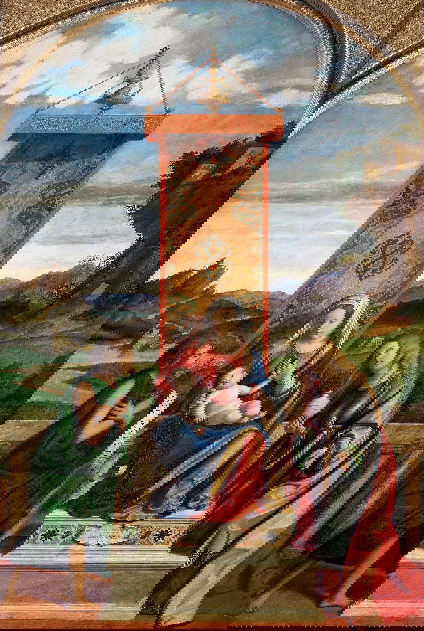 Cima da Conegliano, Vierge à l'enfant trônant entre les saints Jean-Baptiste et Marie-Madeleine (1511-1513 ; huile sur panneau, 167 x 110 cm ; Paris, Louvre). Lieu de conservation : Parme, église San Domenico, laissée au Louvre après sa restitution en 1815.