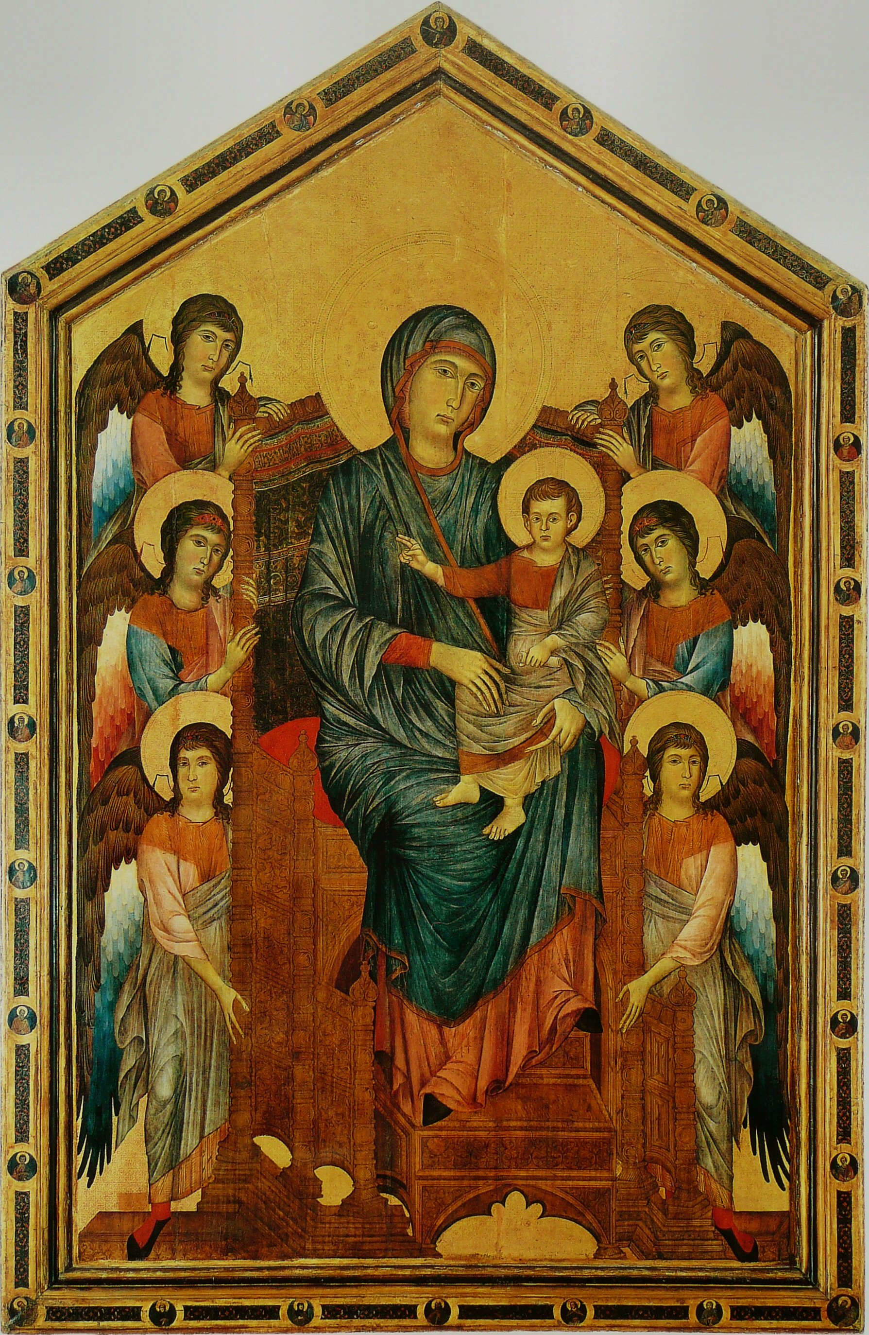 Cimabue, Majesté (années 1380 ; tempera sur panneau, 427 x 280 cm ; Paris, Louvre). Localisation : Pise, Vieux Séminaire