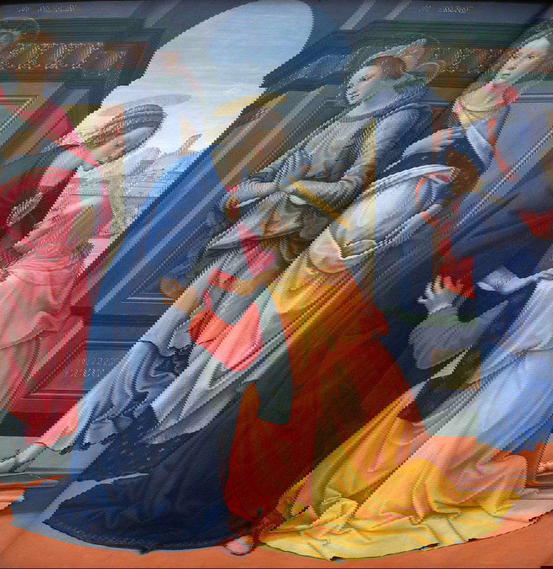 Domenico Ghirlandaio, Visitation (1491 ; tempera sur panneau, 172 x 167 cm ; Paris, Louvre). Localisation : Florence, église du couvent de Cestello (aujourd'hui église Santa Maria Maddalena de' Pazzi), laissée au Louvre après les restitutions de 1815.