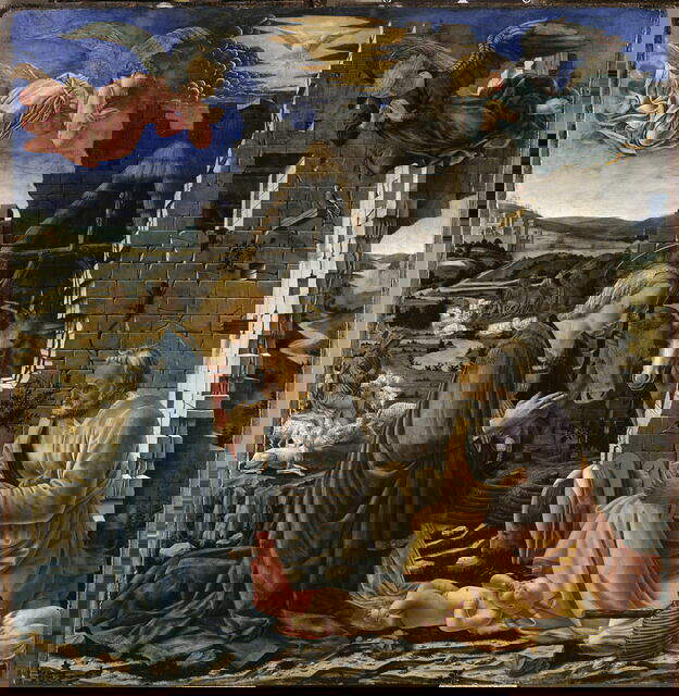 Fra' Diamante, Nativité (seconde moitié du XVe siècle ; tempera sur panneau, 166,5 x 166,5 cm ; Paris, Louvre). Localisation : Prato, église Santa Margherita, laissée au Louvre après les restitutions de 1815.