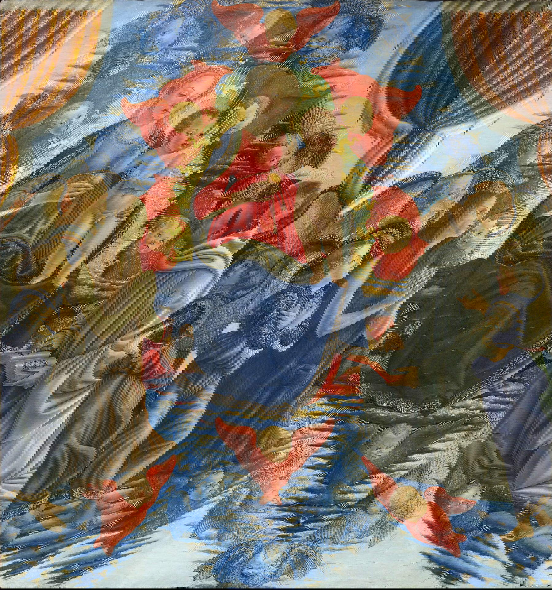 Francesco Botticini, Vierge à l'enfant avec des saints (années 1580 ; tempera sur panneau, 188 x 177 cm ; Paris, Louvre). Localisation : Florence, église du couvent de Cestello (aujourd'hui église Santa Maria Maddalena de' Pazzi), laissée au Louvre après les restitutions de 1815.