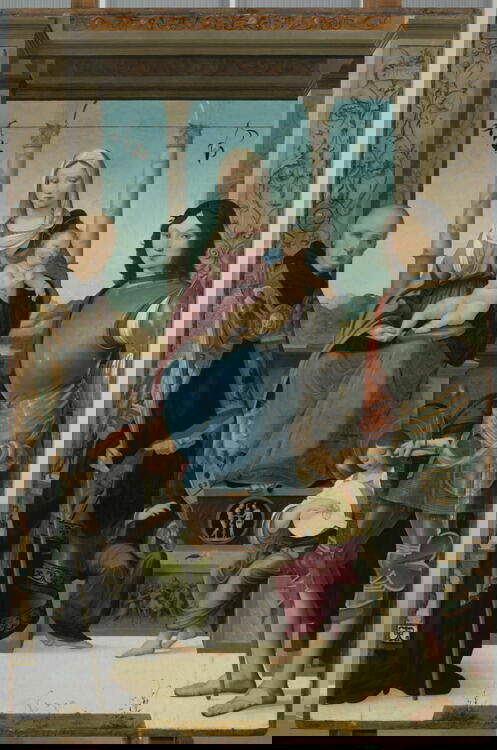 Francesco Marmitta, Vierge à l'enfant avec les saints Benoît et Quintin (vers 1500-1505 ; huile sur panneau, 220 x 138 cm ; Paris, Louvre). Localisation : Parme, église de San Quitino, laissée au Louvre après les restitutions de 1815.