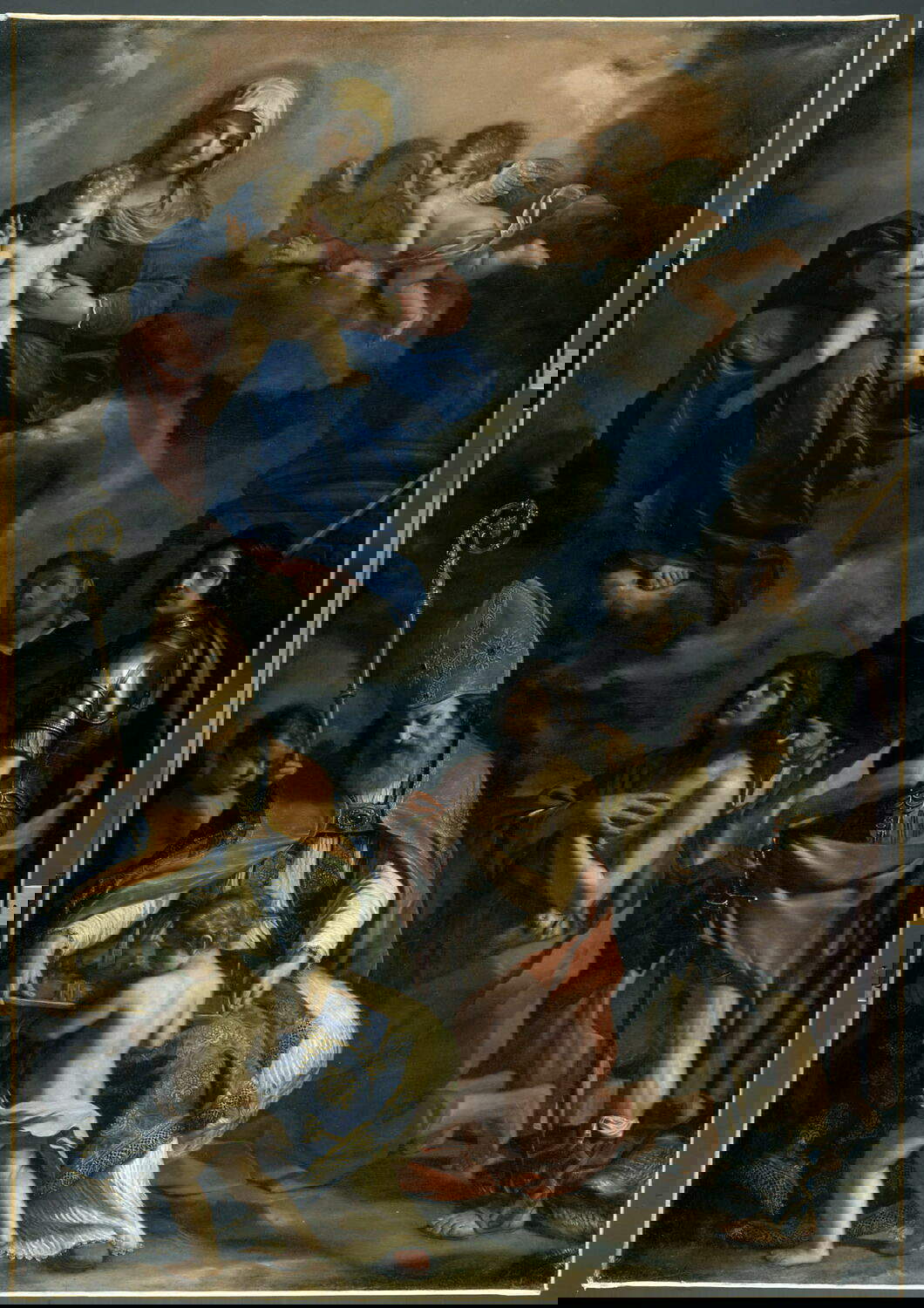 Guercino, Vierge à l'enfant avec les saints Géminien, Jean-Baptiste, Georges et Pierre Martyr (1651 ; huile sur toile, 332 x 230 cm ; Paris, Louvre). Lieu de conservation : Modène, Collections ducales