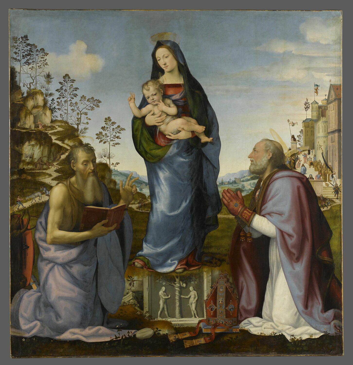 Mariotto Albertinelli et Franciabigio, Vierge à l'enfant avec les saints Jérôme et Zanobi (1506 ; huile sur toile, 186 x 176 cm ; Paris, Louvre). Lieu de conservation : Florence, église Santa Trinita