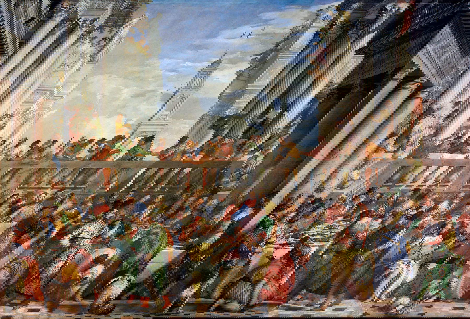 Paolo Veronese, Noces de Cana (1563 ; huile sur toile, 677 x 994 cm ; Paris, Louvre). Lieu de conservation : Venise, San Giorgio Maggiore, lors de la restitution de 1815, échangée contre Le Banquet du Pharisien de Charles Le Brun, aujourd'hui conservé dans la Gallerie dell'Accademia à Venise.