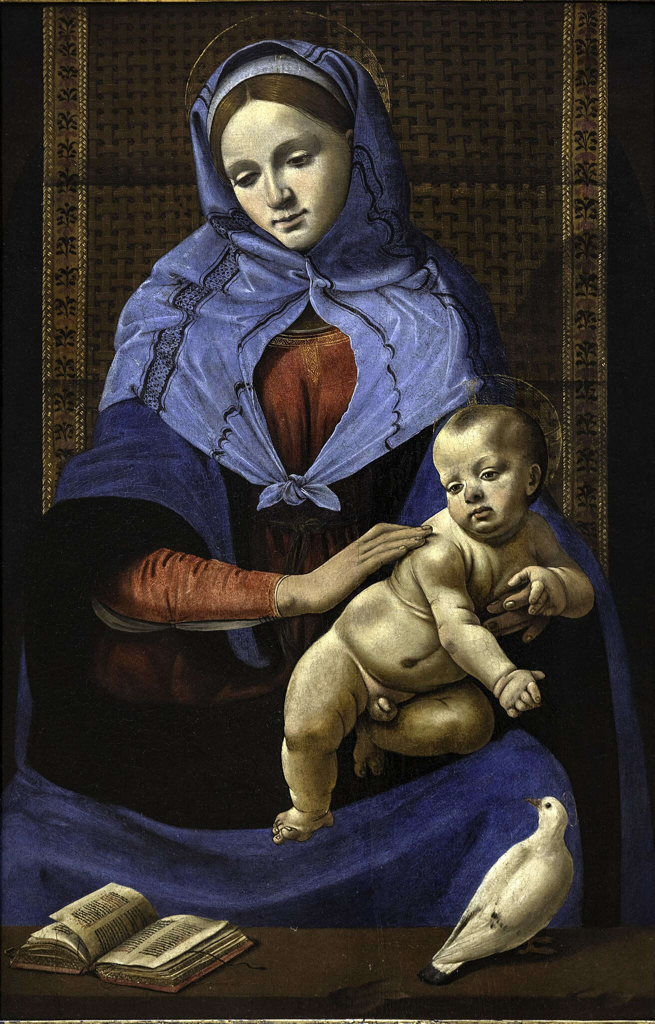 Piero di Cosimo, Vierge à l'enfant avec une colombe (vers 1490 ; huile sur panneau, 87 x 58 cm ; Paris, Louvre). Localisation : Rome, collection Farnèse, laissée au Louvre après les restitutions de 1815.