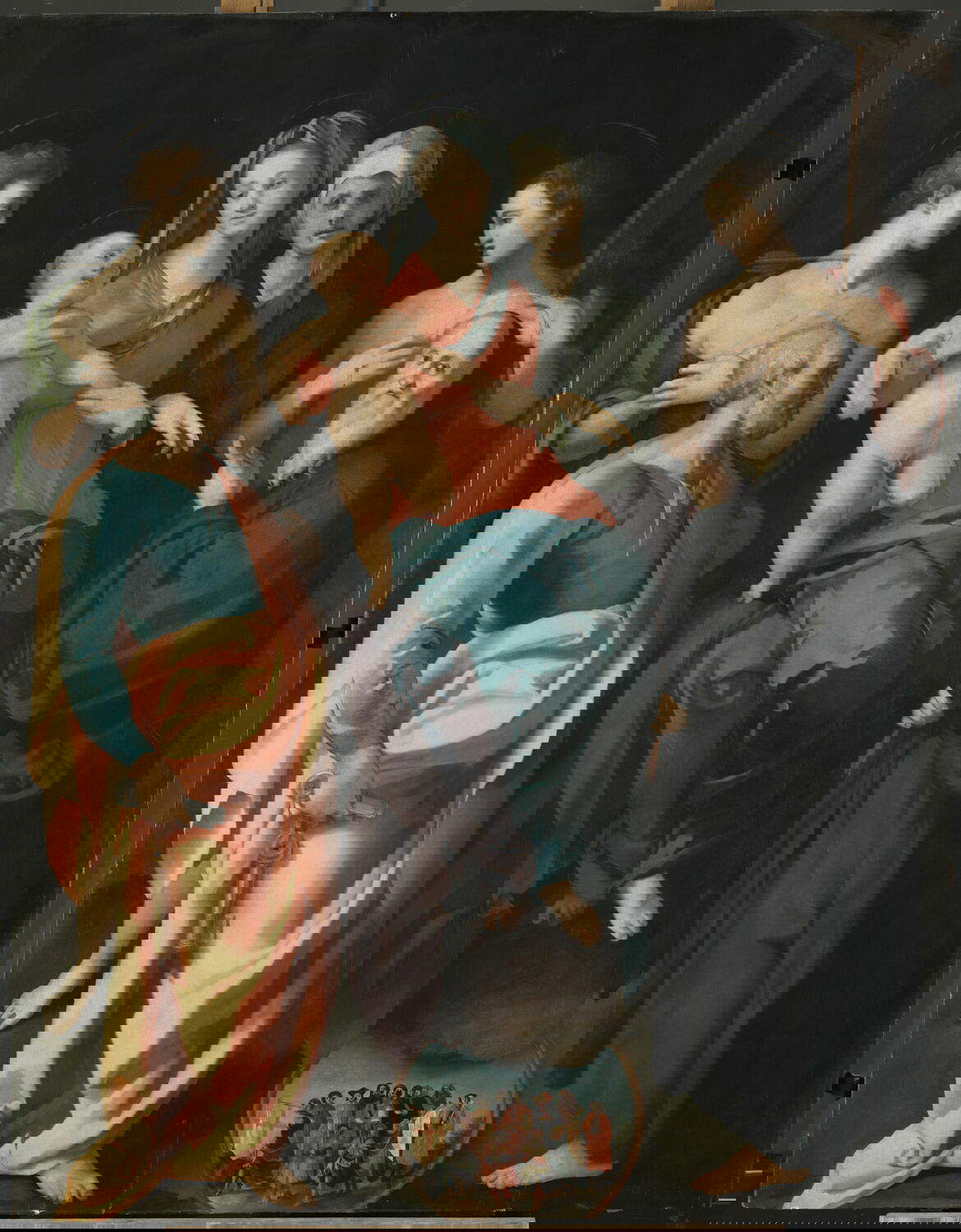 Pontormo, Vierge à l'enfant avec sainte Anne et quatre saints (1528 ; huile sur toile, 228 x 176 cm ; Paris, Louvre). Lieu de conservation : Florence, église Sant'Anna sul Prato