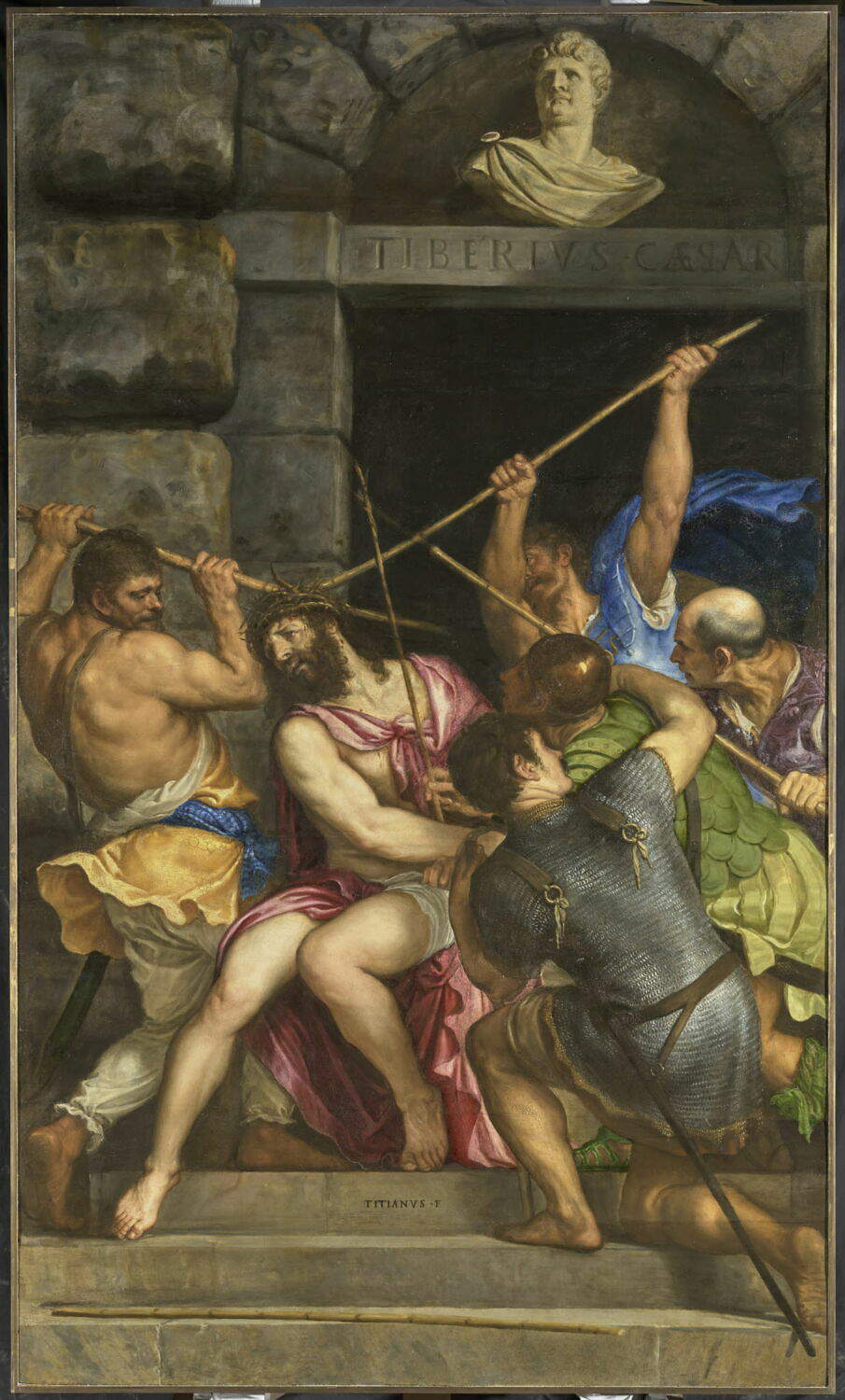 Titien, Couronnement d'épines (1540-1542 ; huile sur panneau, 303 x 180 cm ; Paris, Louvre). Lieu de conservation : Milan, église Santa Maria delle Grazie