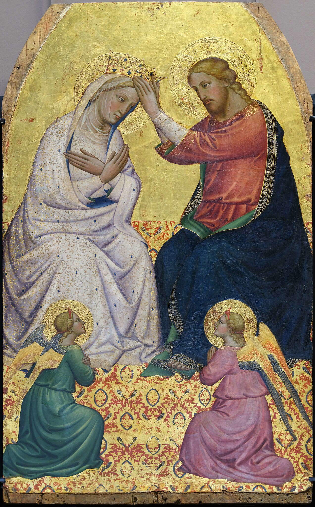 Tommaso del Mazza, Couronnement de la Vierge (années 1480 ; tempera et or sur panneau, 121,5 x 67 cm ; Paris, Louvre). Localisation : Florence, couvent de la Santissima Annunziata, laissé au Louvre après les restitutions de 1815.