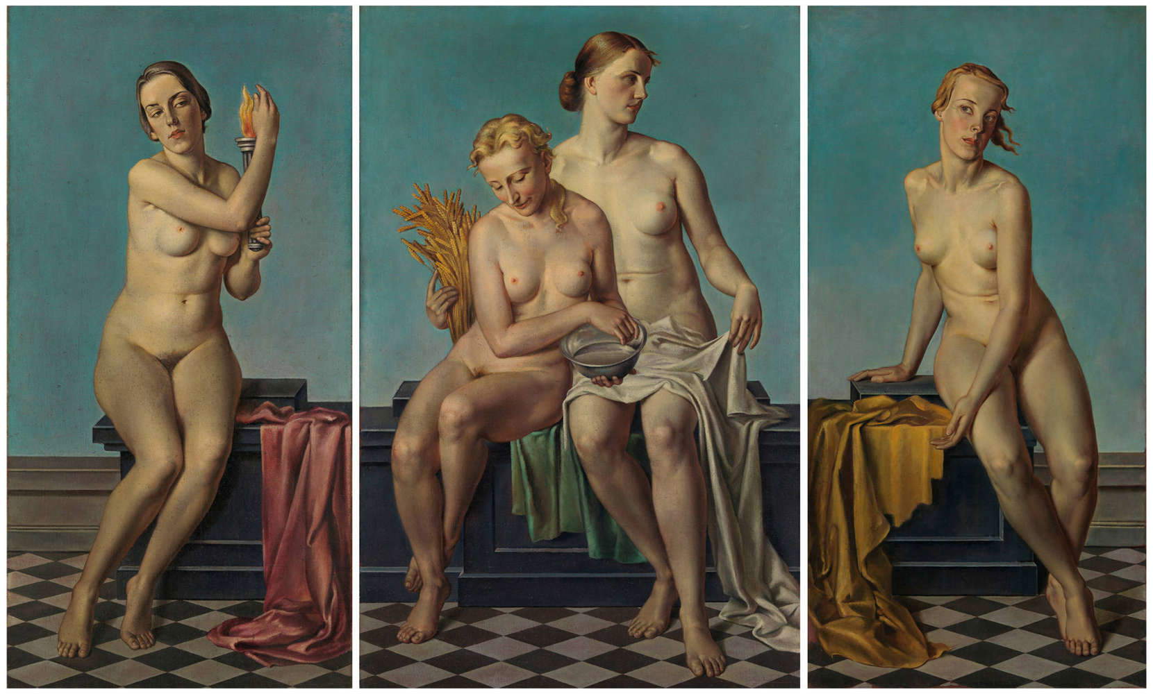 Adolf Ziegler, Die vier Elemente (vor 1937; Öl auf Leinwand, drei Tafeln mit den Maßen 171 x 190,8, 170,3 x 85,2 und 161,3 x 76,7 cm; München, Bayerische Staatsgemäldesammlungen -Pinakothek der Moderne) Adolf Ziegler, Die vier Elemente (vor 1937; Öl auf Leinwand, drei Tafeln mit den Maßen 171 x 190,8, 170,3 x 85,2 und 161,3 x 76,7 cm; München, Bayerische Staatsgemäldesammlungen -Pinakothek der Moderne)
