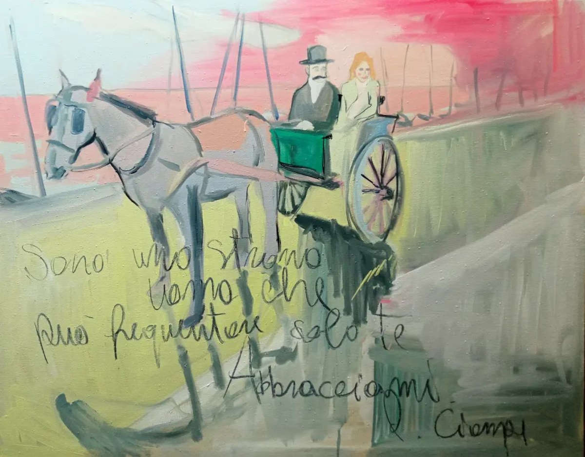 Matteo Pannocchia, Ich bin ein seltsamer Mann, der nur mit dir ausgehen kann, umarme mich (2023; Öl, Kohle und Bleistift auf Leinwand, 100 x 70 cm)