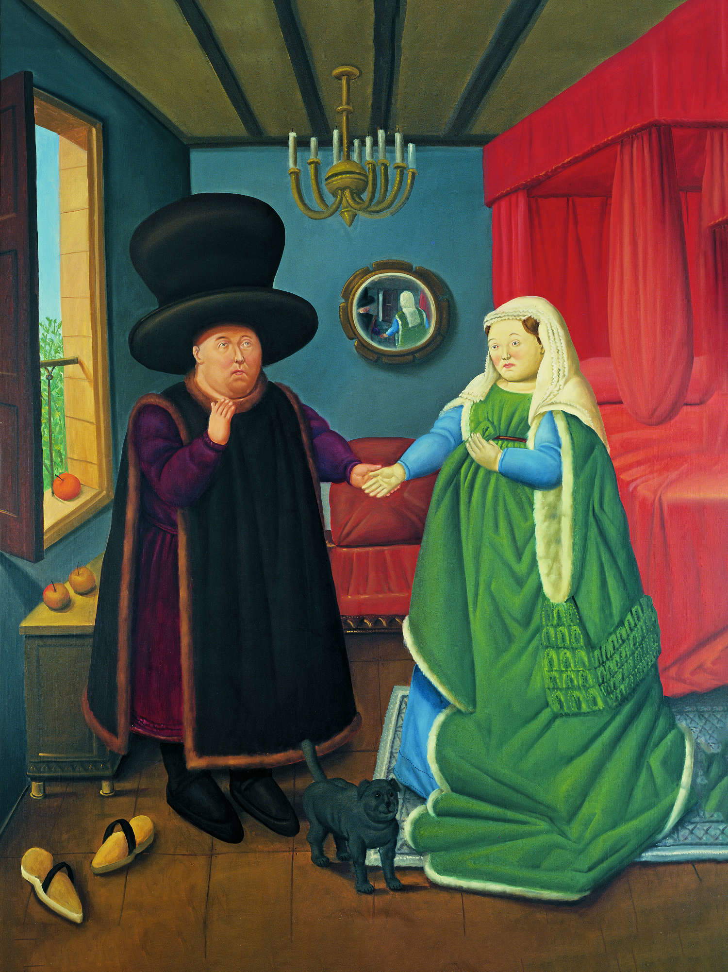 Fernando Botero, La pareja Arnolfini, De Van Eyck (2006; óleo sobre lienzo, 205 x 165 cm; Colección Privada)