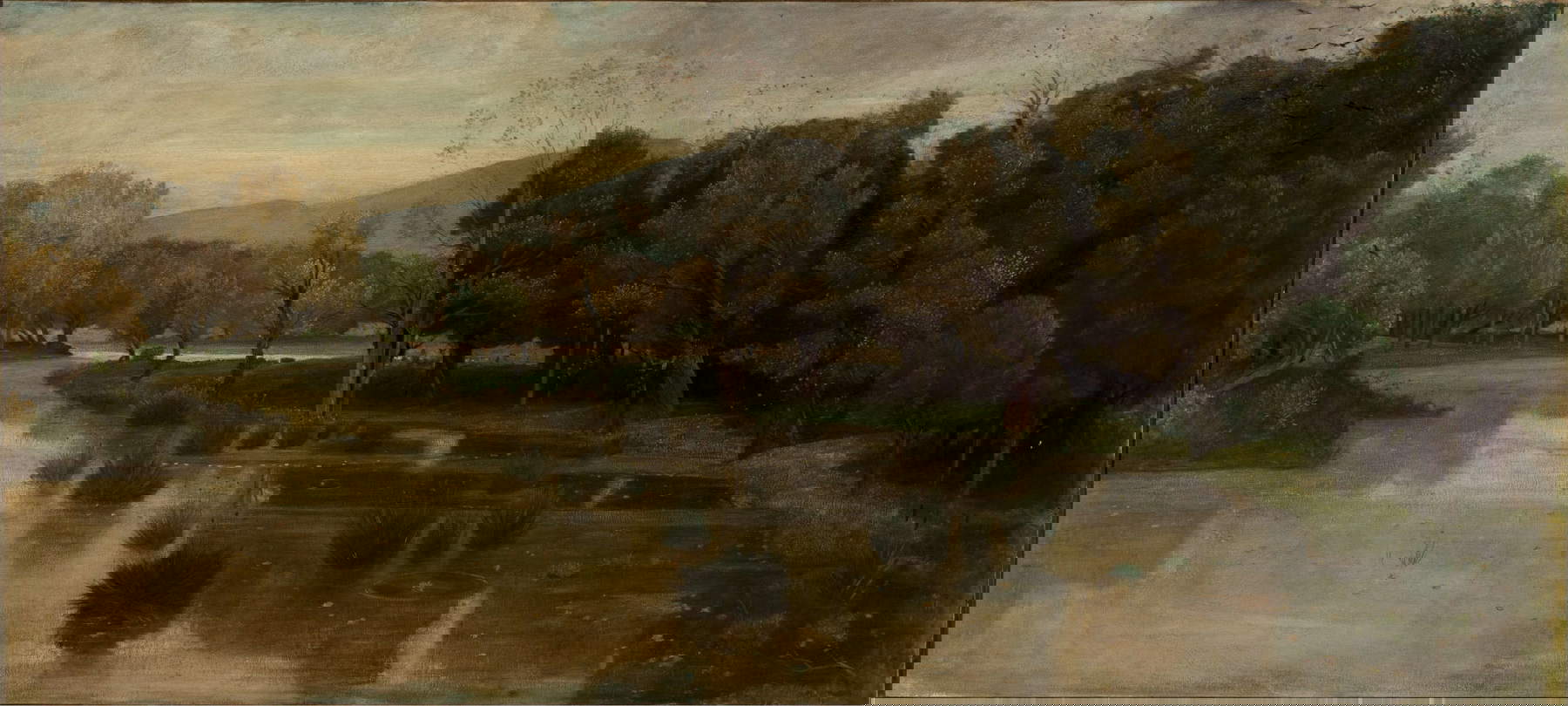 Nino Costa, Le fleuve mort à Gombo di Pisa. Paysage avec rivière (huile sur toile, 15 x 29 cm ; Forlì, Palazzo della Residenza della Cassa dei Risparmi di Forlì) Nino Costa, Le fleuve mort à Gombo di Pisa. Paysage avec rivière (huile sur toile, 15 x 29 cm ; Forlì, Palazzo della Residenza della Cassa dei Risparmi di Forlì)
