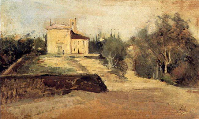 Silvestro Lega, L'église de Crespina (1886 ; huile sur panneau, 19 x 32 cm ; Crespina, collection Pepi) Silvestro Lega, L'église de Crespina (1886 ; huile sur panneau, 19 x 32 cm ; Crespina, collection Pepi)