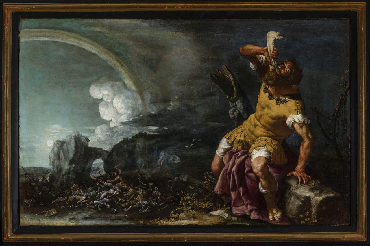 Luigi Miradori detto il Genovesino, Sansone beve dalla mascella dell'asino (olio su tavola, 51 x 75 cm). Presentato da: Brun Fine Art