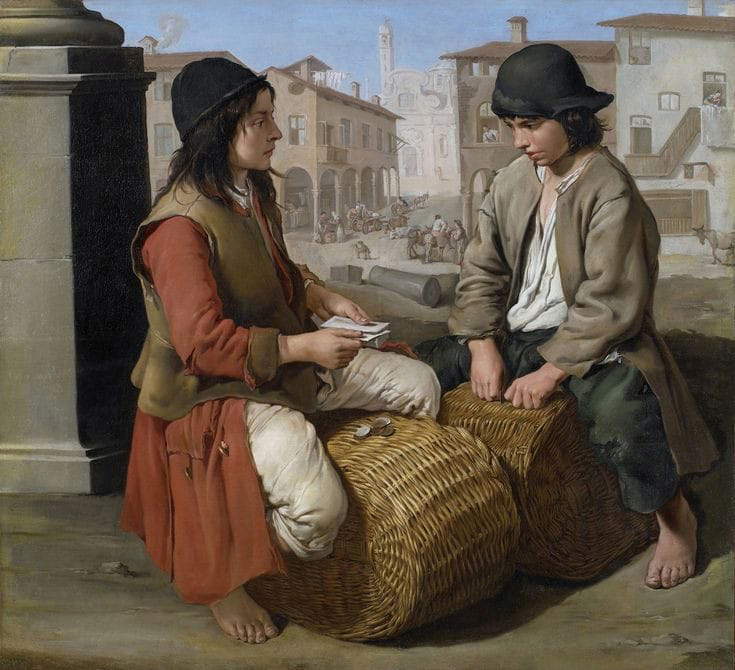 Giacomo Ceruti, Portaroli spielen auf Weidenkörben (1720-1730; Öl auf Leinwand, 135 x 151 cm) Giacomo Ceruti, Portaroli spielen auf Weidenkörben (1720-1730; Öl auf Leinwand, 135 x 151 cm)