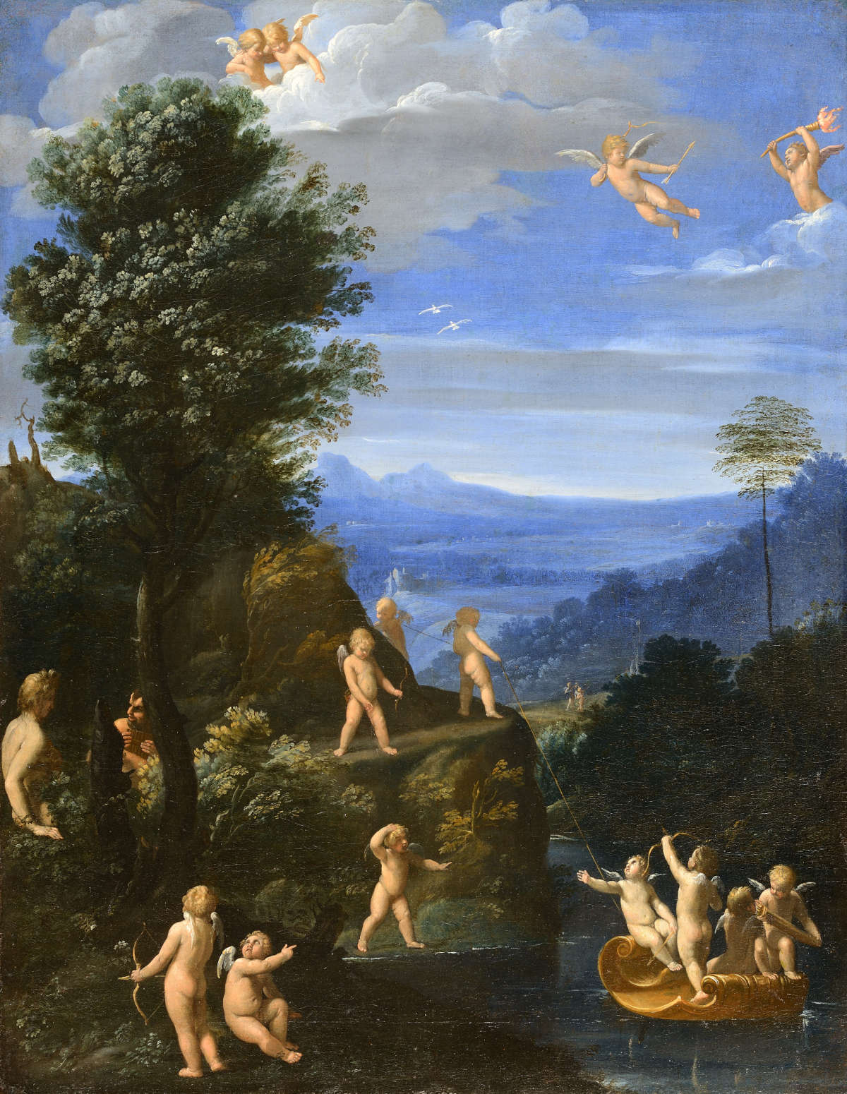 Guido Reni, Landschaft mit spielenden Amoretten, die mit verschiedenen spielerischen Aktivitäten beschäftigt sind (Öl auf Leinwand, 77 x 60 cm) Guido Reni, Landschaft mit spielenden Amoretten, die mit verschiedenen spielerischen Aktivitäten beschäftigt sind (Öl auf Leinwand, 77 x 60 cm)