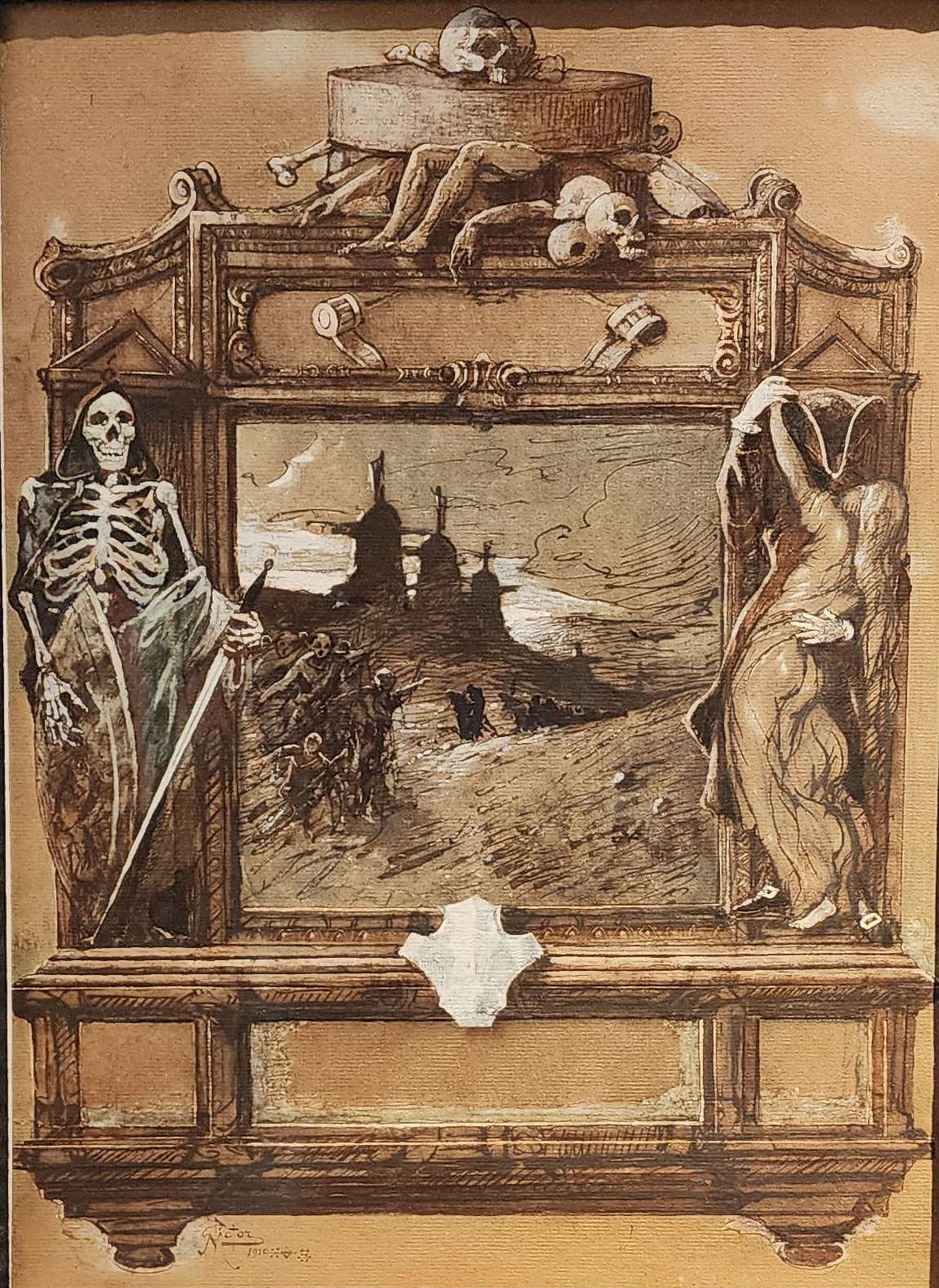 Mario De Maria detto Marius Pictor, Studio per il frontespizio di Tre danze antiche per pianoforte di Gian Francesco Malipiero (1910; penna a inchiostro nero e bruno, acquerelli grigi e bruni, biacca, tempera azzurra su carta avana, 410 x 330 mm). Presentato da: Galleria Carlo Virgilio &amp; C.