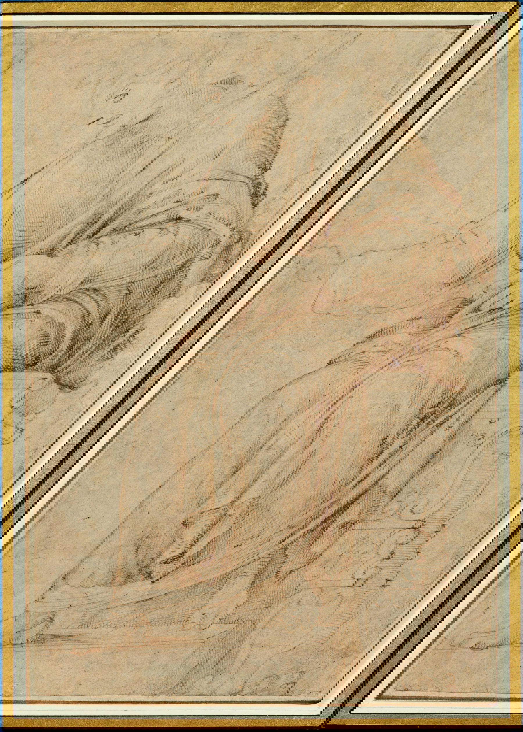 Michelangelo, Studie des Jupiter (um 1490; Feder mit zwei Brauntönen und Griffelstrichen auf Papier, 220 x 153 mm) Michelangelo, Studie des Jupiter (um 1490; Feder mit zwei Brauntönen und Griffelstrichen auf Papier, 220 x 153 mm)