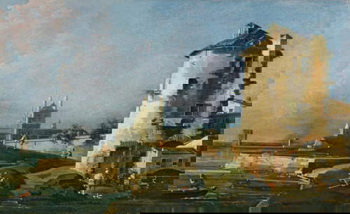 Canaletto, Capriccio mit Turm und gotischem Gebäude in der Ferne über der Lagune (Öl auf Leinwand; La Spezia, Museo Civico Amedeo Lia)