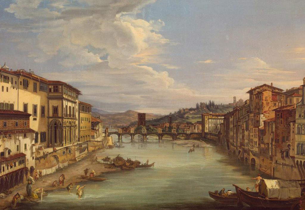 Giovanni Signorini, Ansicht von Florenz mit dem Arno vom Ponte Vecchio in Richtung Ponte alle Grazie (1844; Öl auf Leinwand; Florenz, Fondazione CR Firenze)