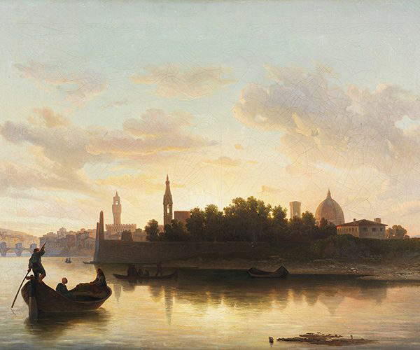Lorenzo Gelati, Der Arno am Fischteich von San Niccolò bei Sonnenuntergang (1860; Öl auf Leinwand; Florenz, Fondazione CR Firenze)