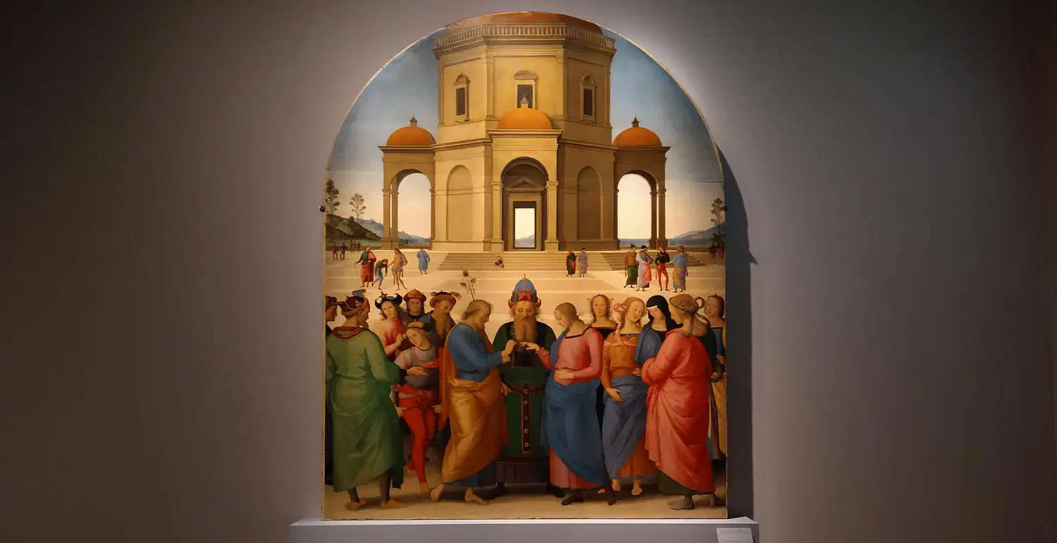 La exposición de Perugino en 2023, con los Desposorios de la Virgen prestados por el Museo de Bellas Artes de Caen. La exposición de Perugino en 2023, con los Desposorios de la Virgen prestados por el Museo de Bellas Artes de Caen.
