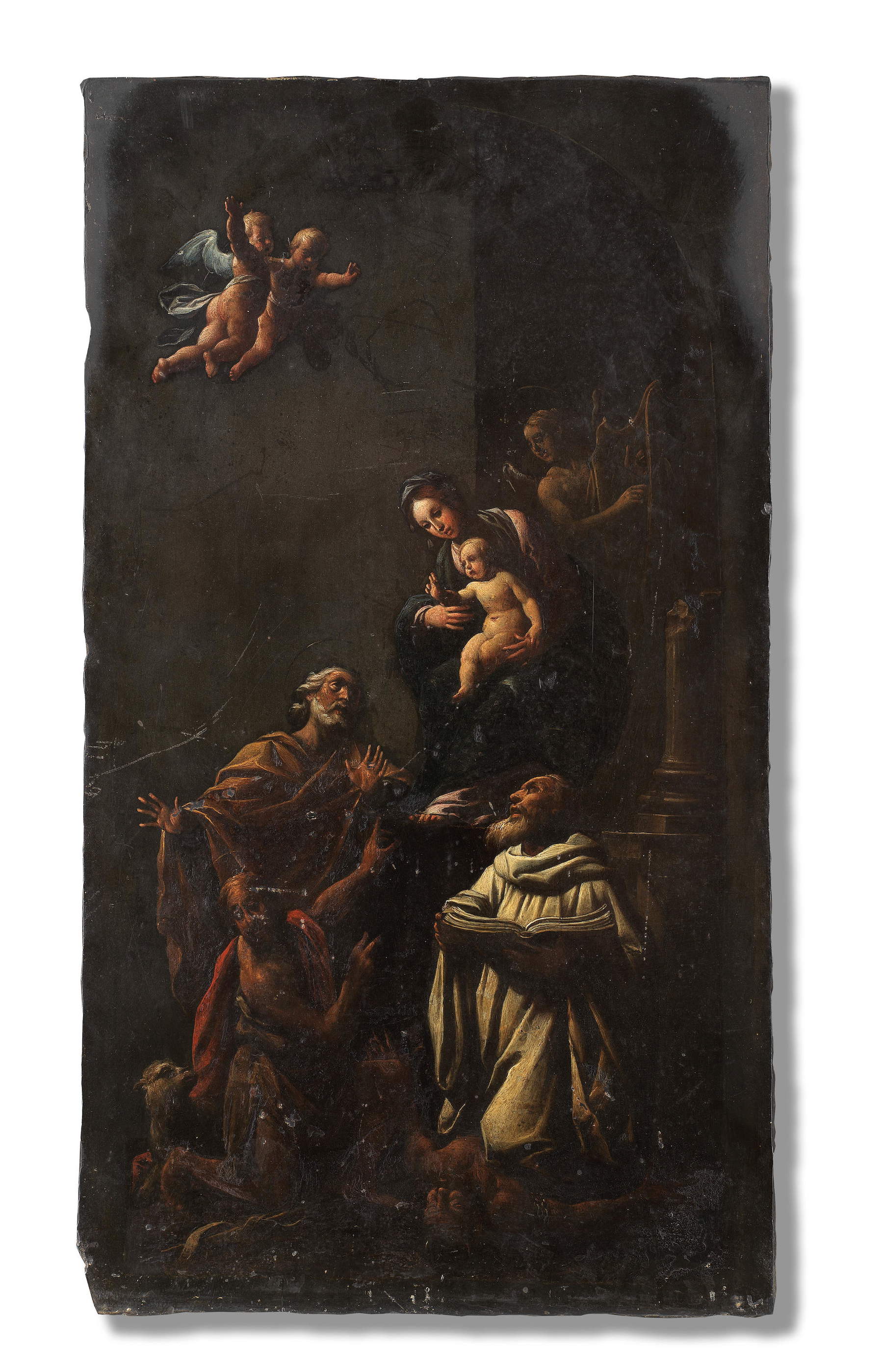 Pasquale Ottino, Vierge à l'enfant avec des saints (premier quart du XVIIe siècle ; huile sur ardoise, 48 x 26 cm) Pasquale Ottino, Vierge à l'enfant avec des saints (premier quart du XVIIe siècle ; huile sur ardoise, 48 x 26 cm)