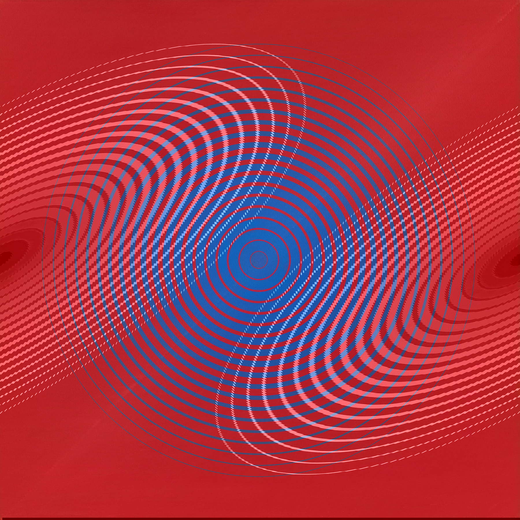 Marina Apollonio, Form-Farbverlauf 20N blau weiß auf rot (1972; Acryl auf Leinwand 95 x 95 cm; Padua, Sammlung der Künstlerin) © Marina Apollonio Marina Apollonio, Form-Farbverlauf 20N blau weiß auf rot (1972; Acryl auf Leinwand 95 x 95 cm; Padua, Sammlung der Künstlerin) © Marina Apollonio