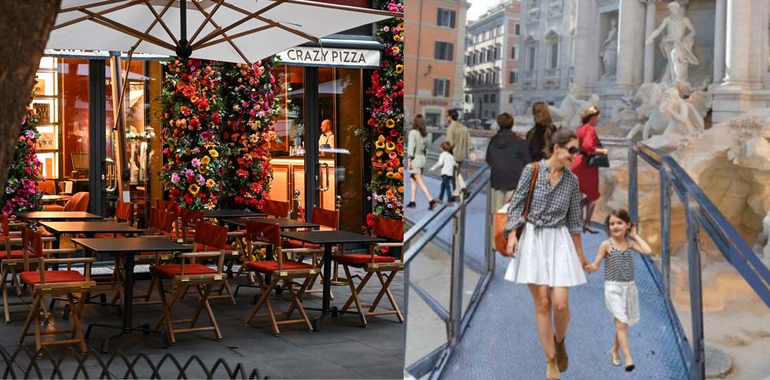 Briatore's Crazy Pizza and the rendering of the Trevi Fountain walkway.