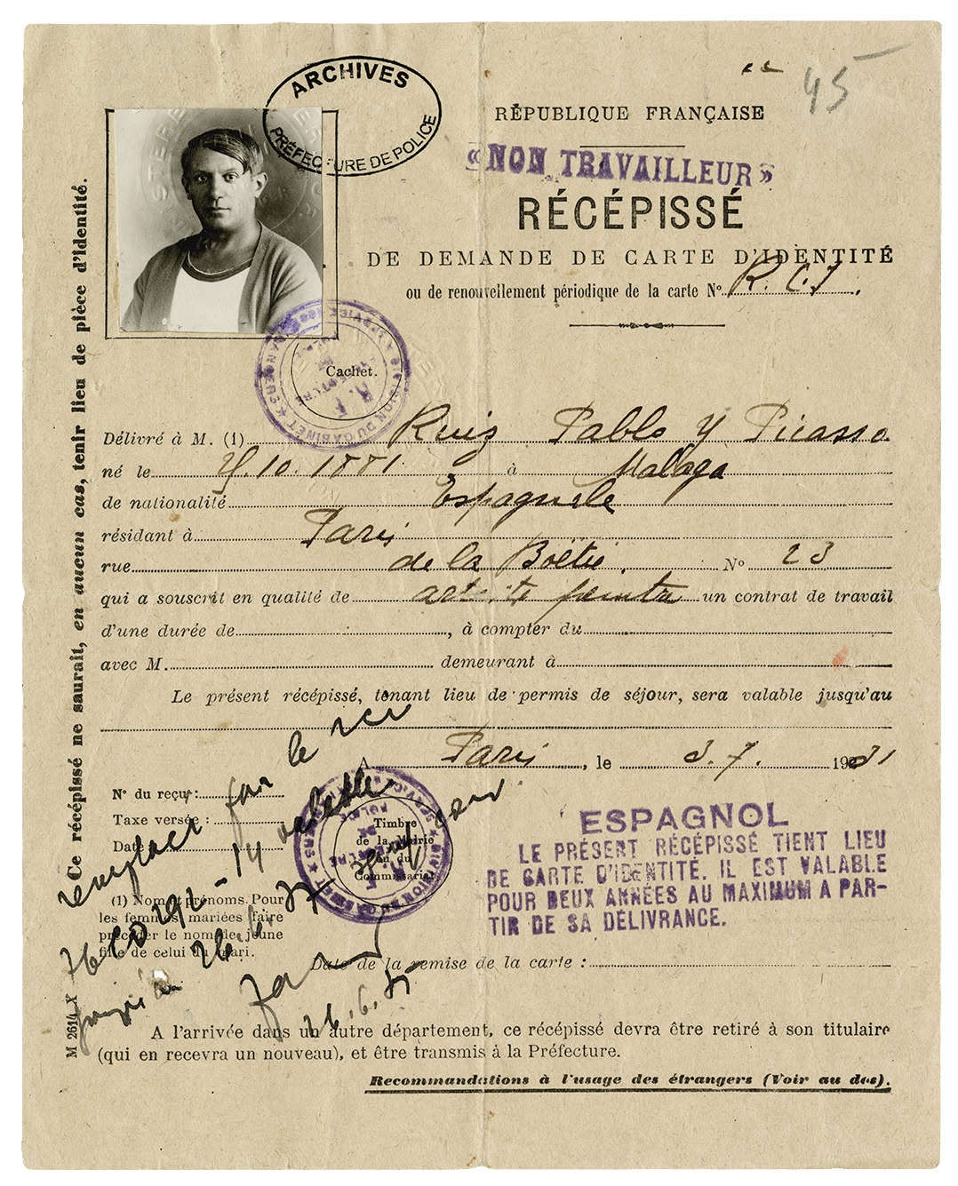 Quittung für Pablo Picassos Antrag auf eine Identitätskarte, mit dem Stempel  Quittung für Pablo Picassos Antrag auf eine Identitätskarte, mit dem Stempel