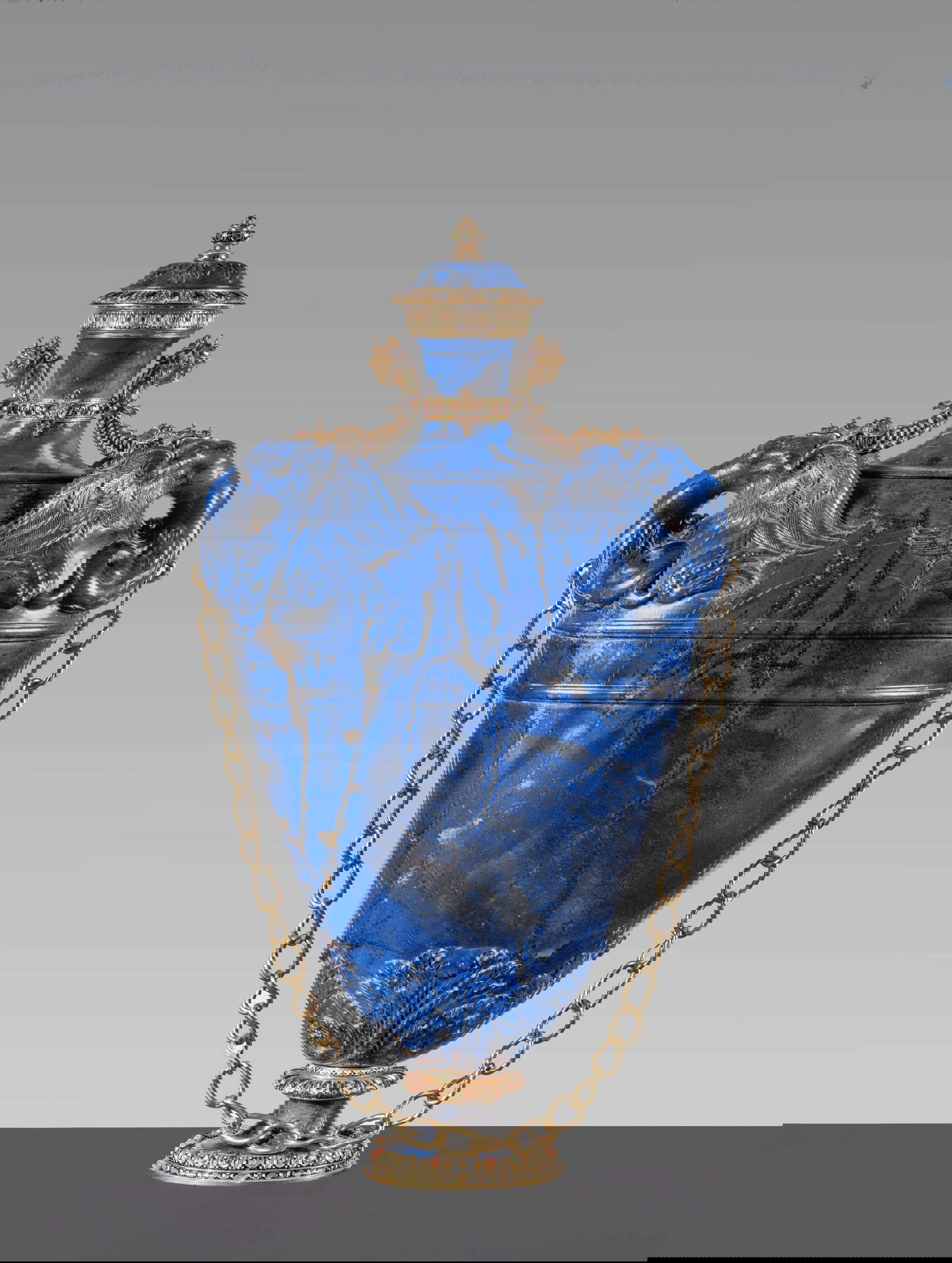 Grand Ducal workshops and Gian Ambrogio and Gian Stefano Caroni (?), Jaques Bylivelt , based on a drawing by Bernardo Buontalenti, Fiasca (1583-1584; lapis lazuli, cast, chiseled, and enameled gold, gilded copper, 40.5 x 12 cm; Florence, Palazzo Pitti, Treasury of the Grand Dukes)