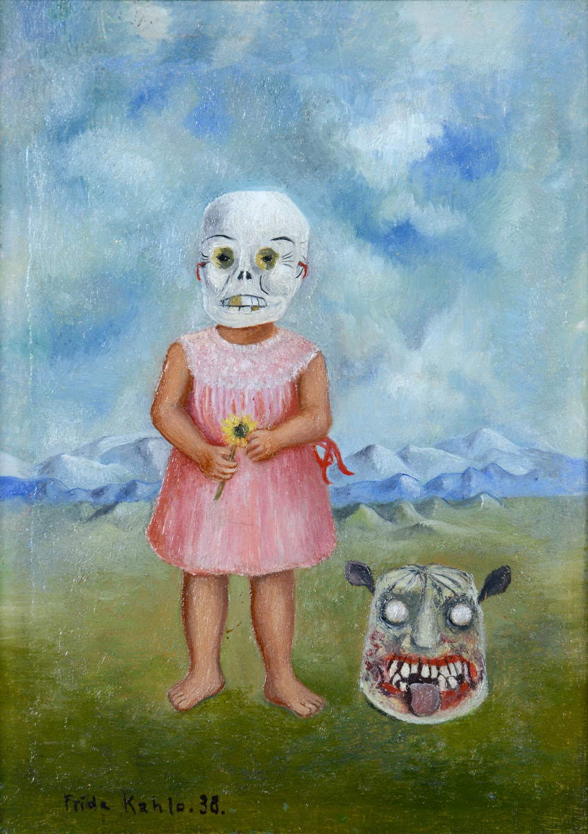 Frida Kahlo, Niña con máscara de calavera (1938; tela, 14,9 x 11 cm; Nagoya, Nagoya Art City Museum) Frida Kahlo, Niña con máscara de calavera (1938; tela, 14,9 x 11 cm; Nagoya, Nagoya Art City Museum)