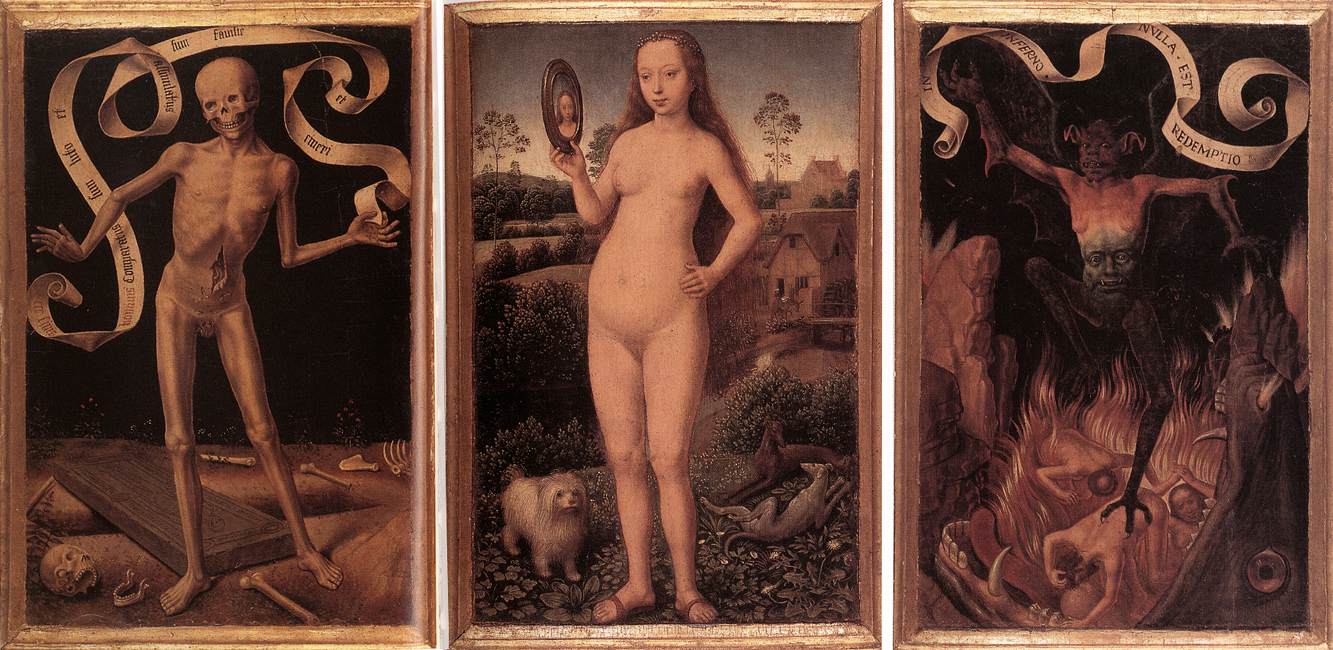 Hans Memling, Triptychon der Irdischen Eitelkeit und der Himmlischen Erlösung (1485 circa; olio su tavola, tre pannelli di 22 x 15 cm ciascuno; Strasburgo, Musée des Beaux-Arts) Hans Memling, Triptychon der Irdischen Eitelkeit und der Himmlischen Erlösung (1485 circa; olio su tavola, tre pannelli di 22 x 15 cm ciascuno; Strasburgo, Musée des Beaux-Arts)