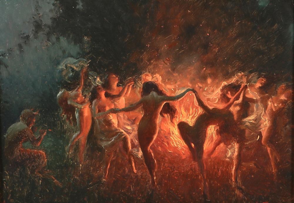 Joseph Tomanek, Danza del fuego (óleo sobre tabla, 24 x 34,5 cm)
