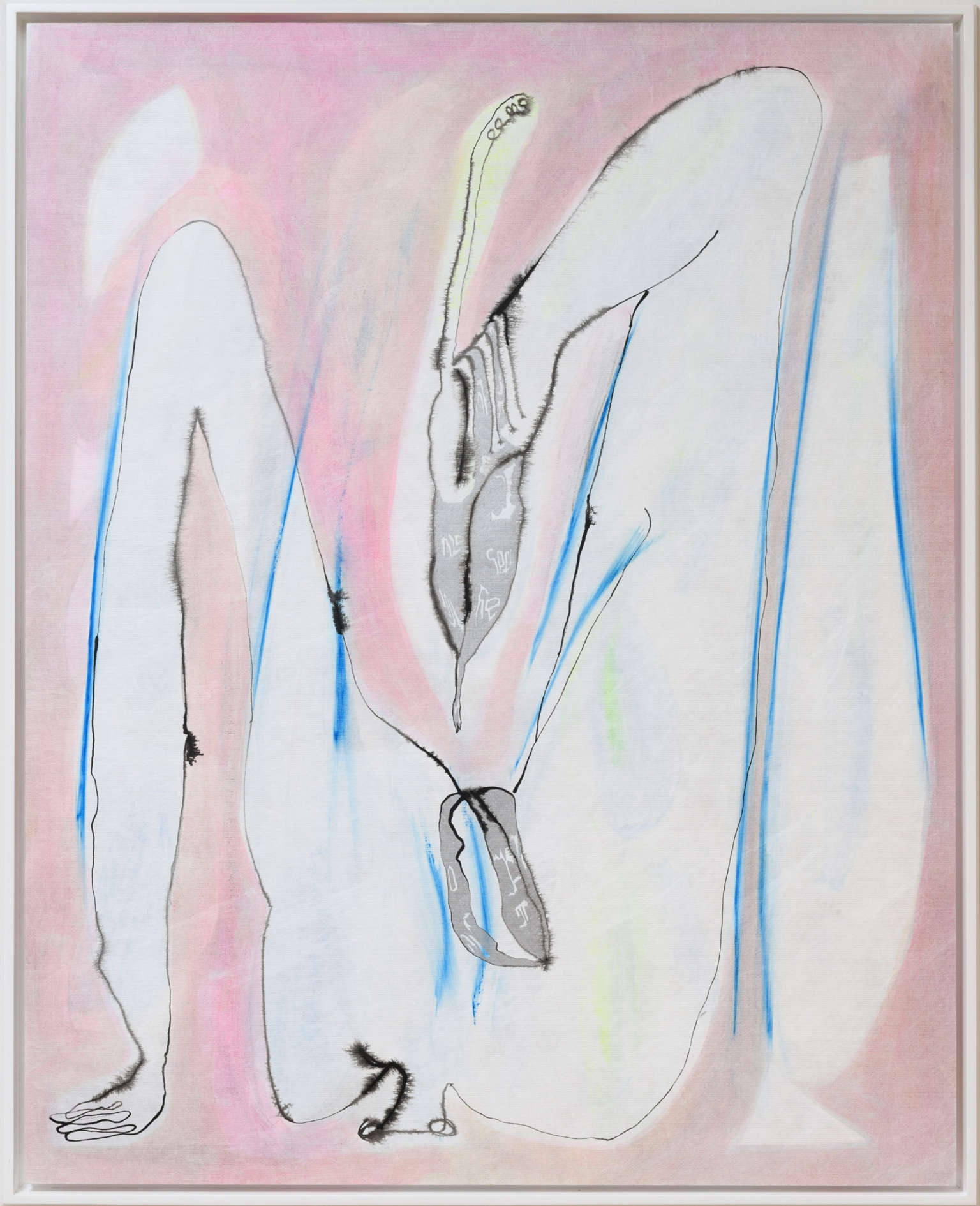 Carla Grunauer, Masturbation with bellota (2022 ; aniline, chlore, acrylique, encre et lasure sur tissu de polyéthylène, 100 x 80 cm). Carla Grunauer, Masturbation with bellota (2022 ; aniline, chlore, acrylique, encre et lasure sur tissu de polyéthylène, 100 x 80 cm).