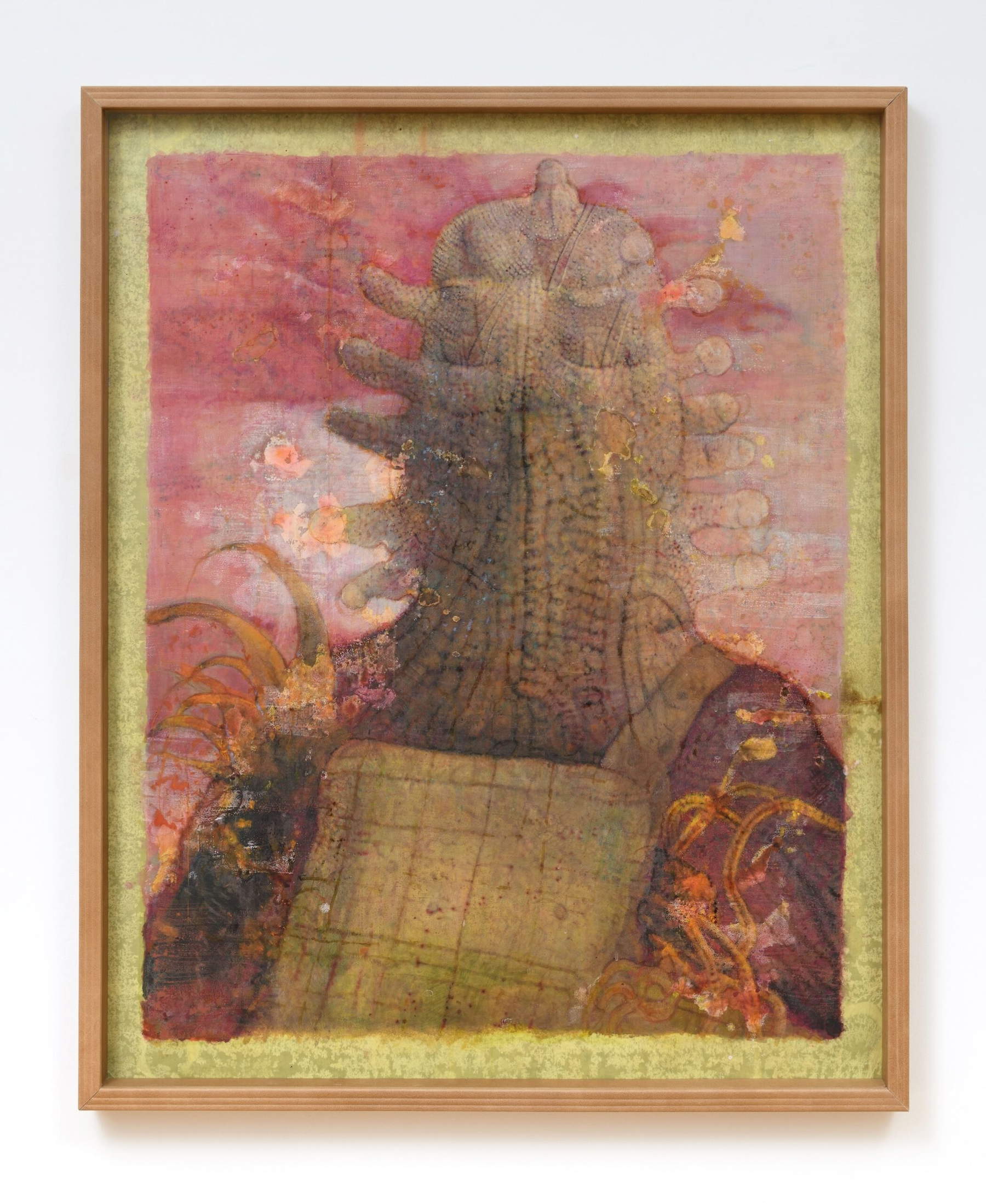 Oscar Giaconia, Parasite soufflé (2023 ; acrylique, oxydes, vert-de-gris, émulsion de caséine, coagulant liquide, mercurochrome, aniline, émulsion plastique, promoteur d'adhésion sur papier huilé dans un étui en cuir plastifié, 154 x 125 cm). Photo : Giorgio Benni Oscar Giaconia, Parasite soufflé (2023 ; acrylique, oxydes, vert-de-gris, émulsion de caséine, coagulant liquide, mercurochrome, aniline, émulsion plastique, promoteur d'adhésion sur papier huilé dans un étui en cuir plastifié, 154 x 125 cm). Photo : Giorgio Benni