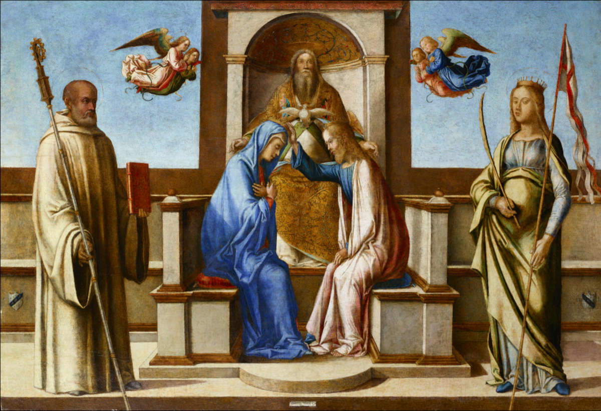 Lazzaro Bastiani, Incoronazione della Vergine tra i santi Bernardo e Orsola (1490; olio su tavola, 88 x 130 cm; Bergamo, Accademia Carrara, inv. 526) Lazzaro Bastiani, Incoronazione della Vergine tra i santi Bernardo e Orsola (1490; olio su tavola, 88 x 130 cm; Bergamo, Accademia Carrara, inv. 526)
