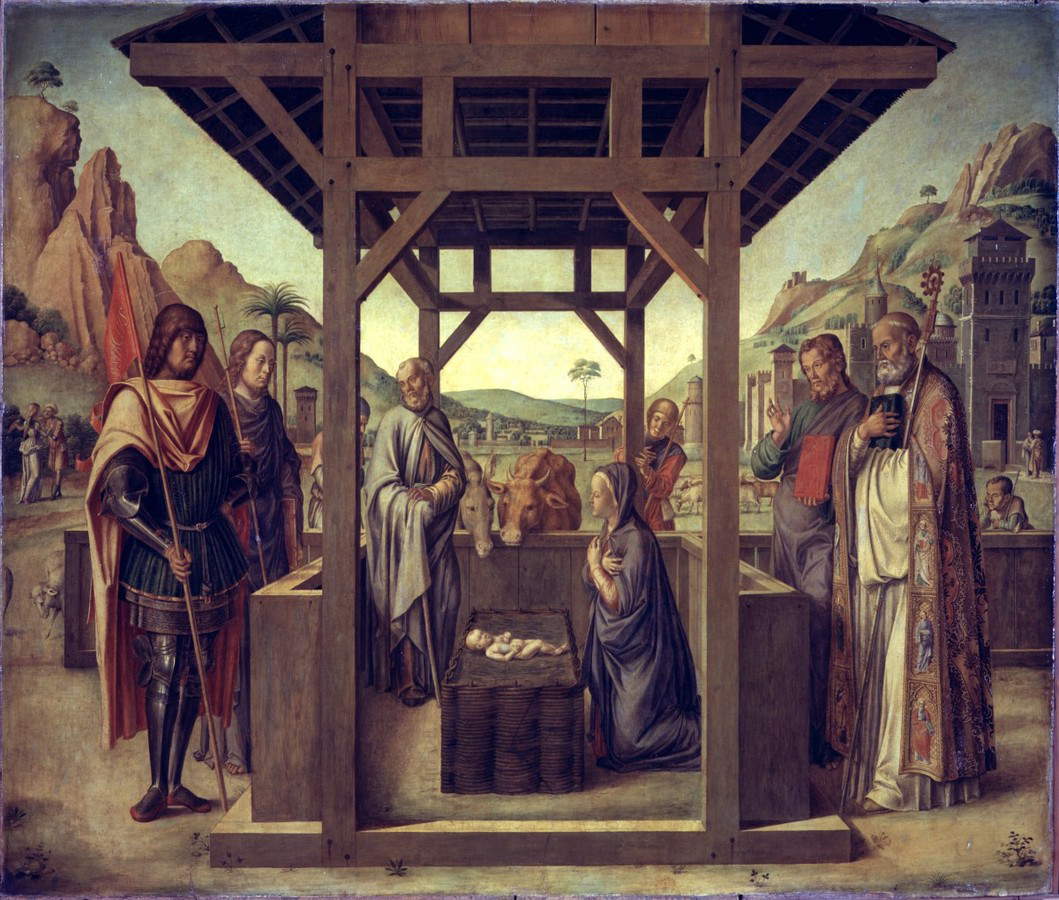 Lazzaro Bastiani, Natività con i santi Eustachio, Giacomo, Filippo e Benedetto (1480; tavola, 160 x 191 cm; Venezia, Gallerie dell’Accademia, cat. 100) Lazzaro Bastiani, Natività con i santi Eustachio, Giacomo, Filippo e Benedetto (1480; tavola, 160 x 191 cm; Venezia, Gallerie dell’Accademia, cat. 100)