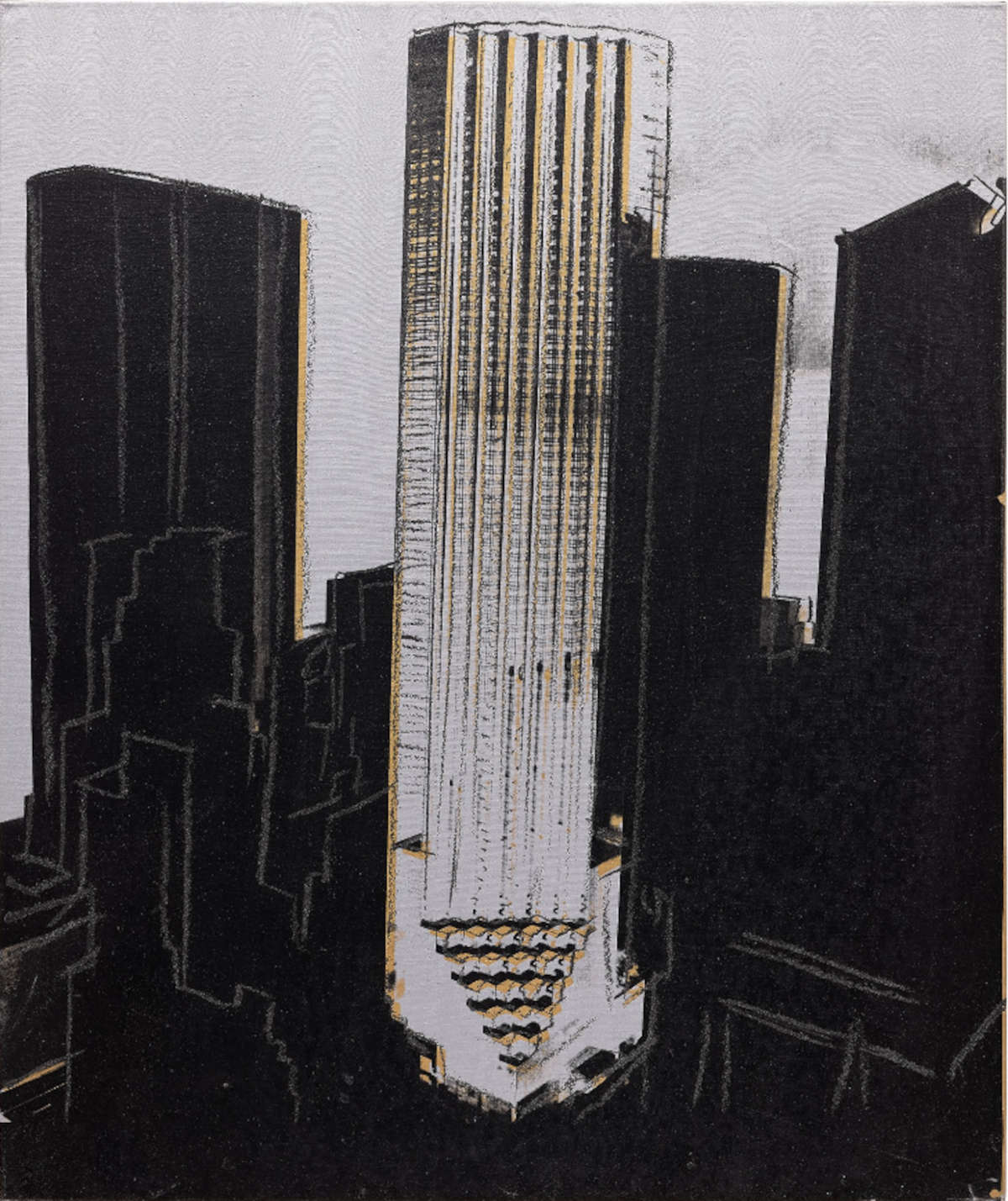 Andy Warhol, Rascacielos de Nueva York (1981; pigmentos sintéticos, polvo de diamante y serigrafía sobre lienzo, 127,6 x 107 cm; Colección Privada) Andy Warhol, Rascacielos de Nueva York (1981; pigmentos sintéticos, polvo de diamante y serigrafía sobre lienzo, 127,6 x 107 cm; Colección Privada)