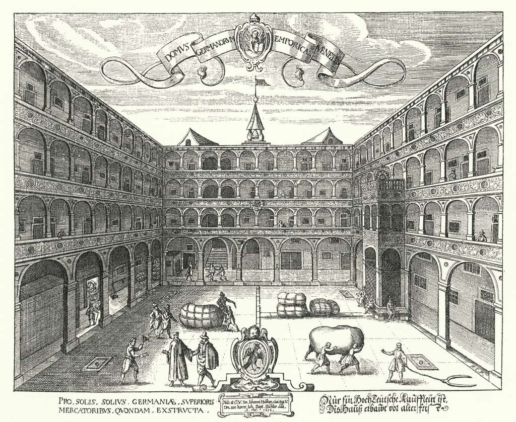 Raphael Custos, Court of the Fondaco dei Tedeschi (1616; engraving; Nuremberg, Germanisches Nationalmuseum, Graphische Sammlung, Inv. HB2300)