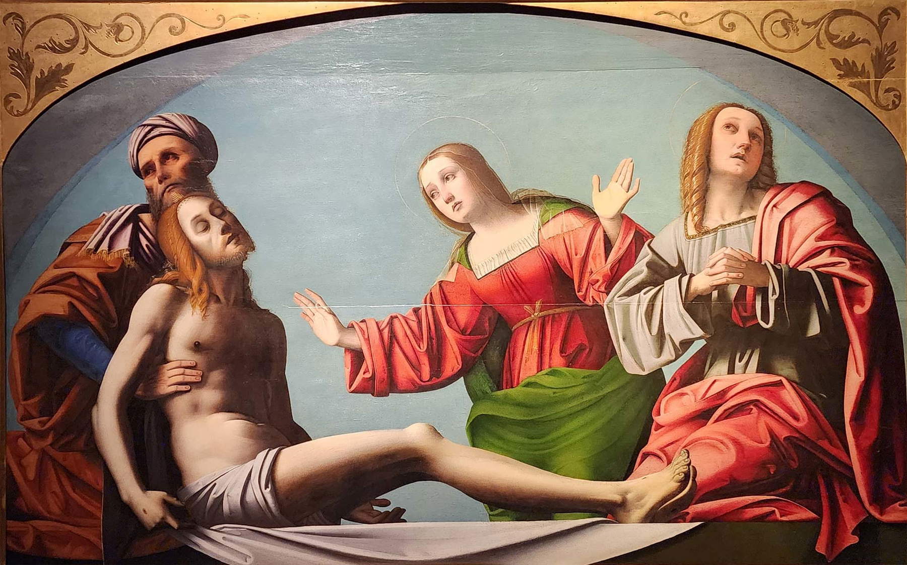 Giovanni Battista Benvenuti dit Ortolano, Lamentation sur le Christ mort (vers 1505 ; huile sur panneau, 115 x 180 cm ; Ferrare, Pinacothèque nationale) Giovanni Battista Benvenuti dit Ortolano, Lamentation sur le Christ mort (vers 1505 ; huile sur panneau, 115 x 180 cm ; Ferrare, Pinacothèque nationale)