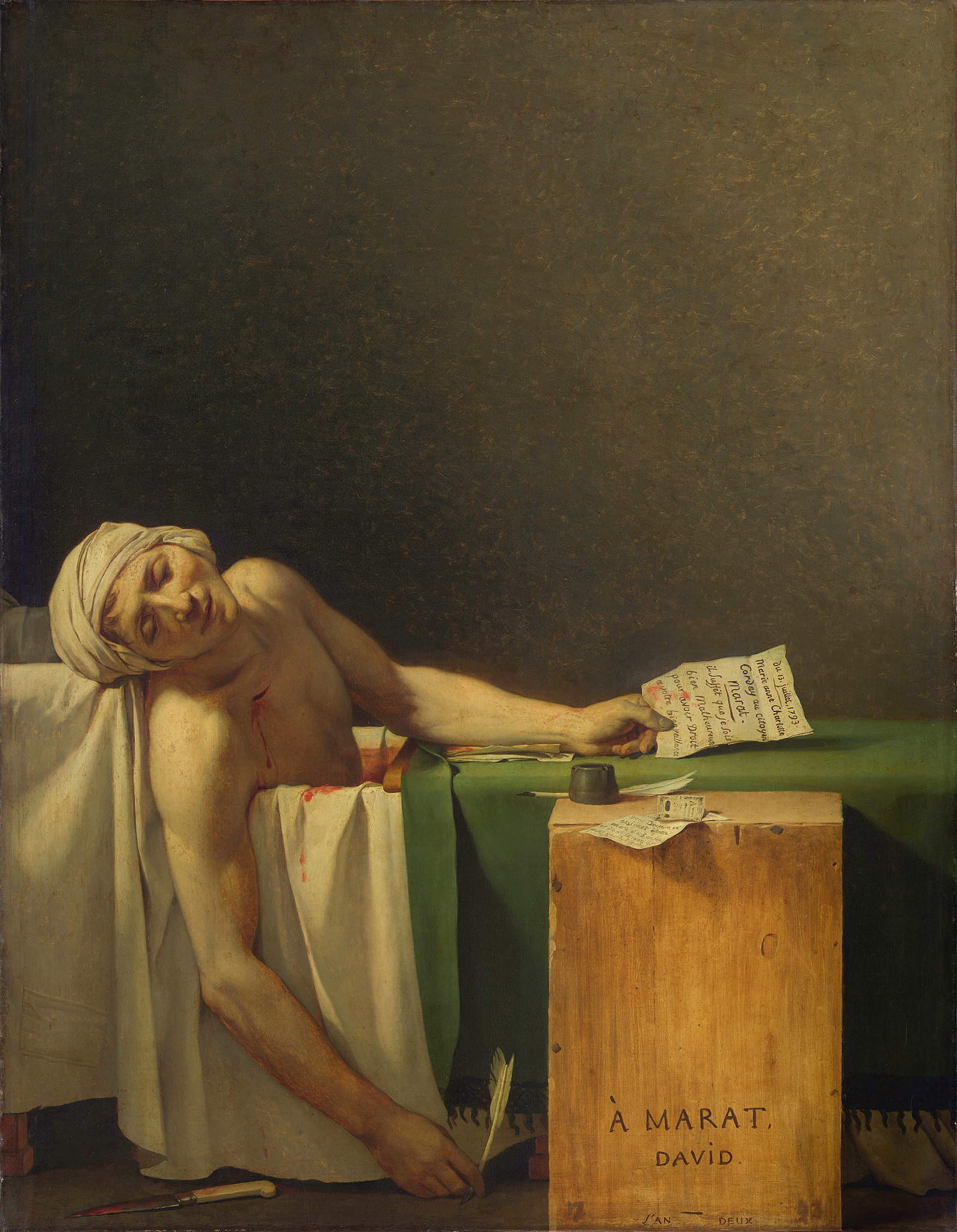 Jacques-Louis David, La morte di Marat (1793, olio su tela, 165 × 128 cm; Bruxelles, Musées Royaux des Beaux-Arts) Jacques-Louis David, La morte di Marat (1793, olio su tela, 165 × 128 cm; Bruxelles, Musées Royaux des Beaux-Arts)