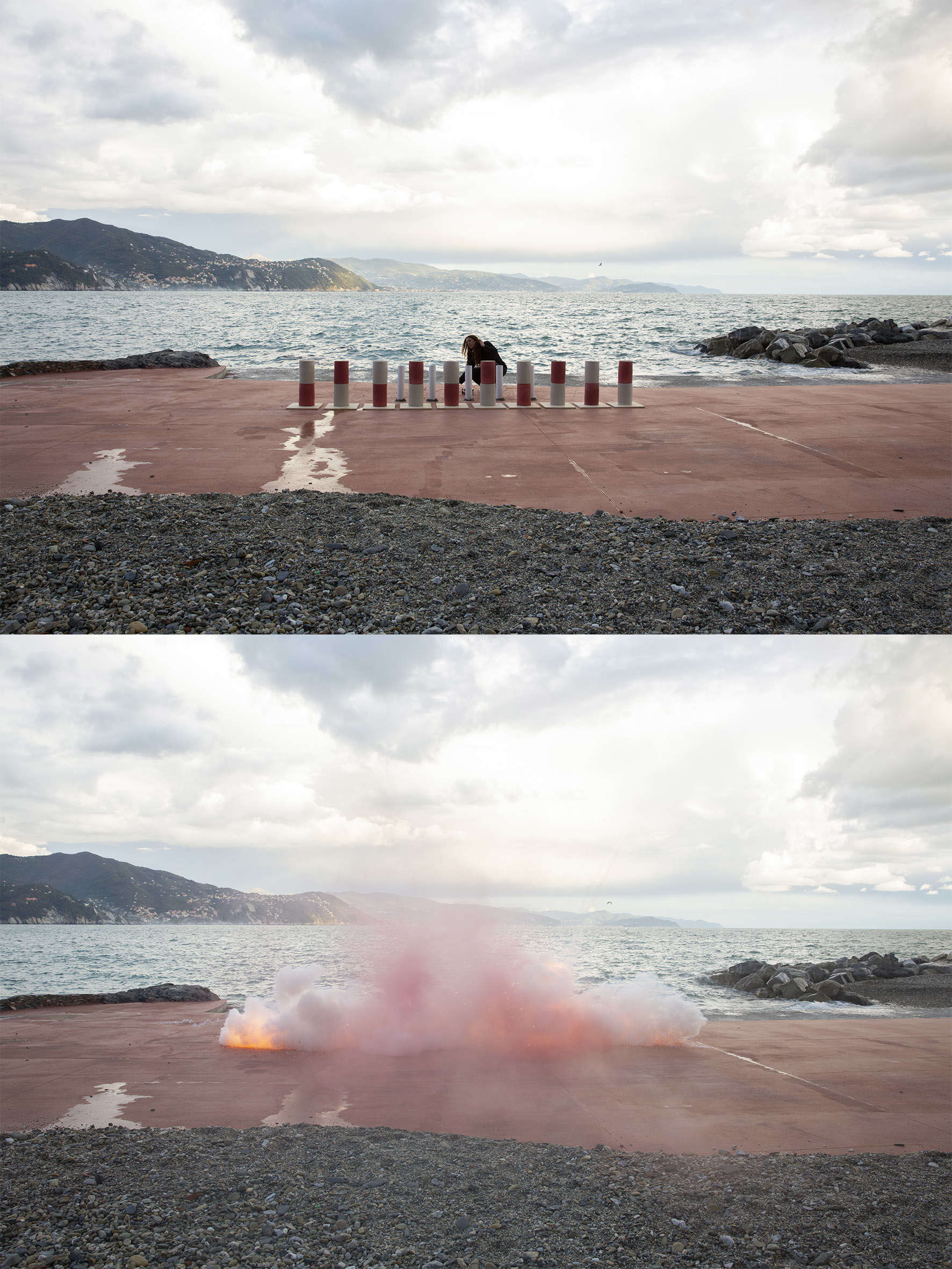 Loredana Longo, Creative Execution #4 Warning (2019; Performance al Grand Hotel Miramare, Santa Margherita Ligure, 20 Vasi di argilla fresca, polvere da sparo, e accenditori elettrici) Loredana Longo, Creative Execution #4 Warning (2019; Performance al Grand Hotel Miramare, Santa Margherita Ligure, 20 Vasi di argilla fresca, polvere da sparo, e accenditori elettrici)