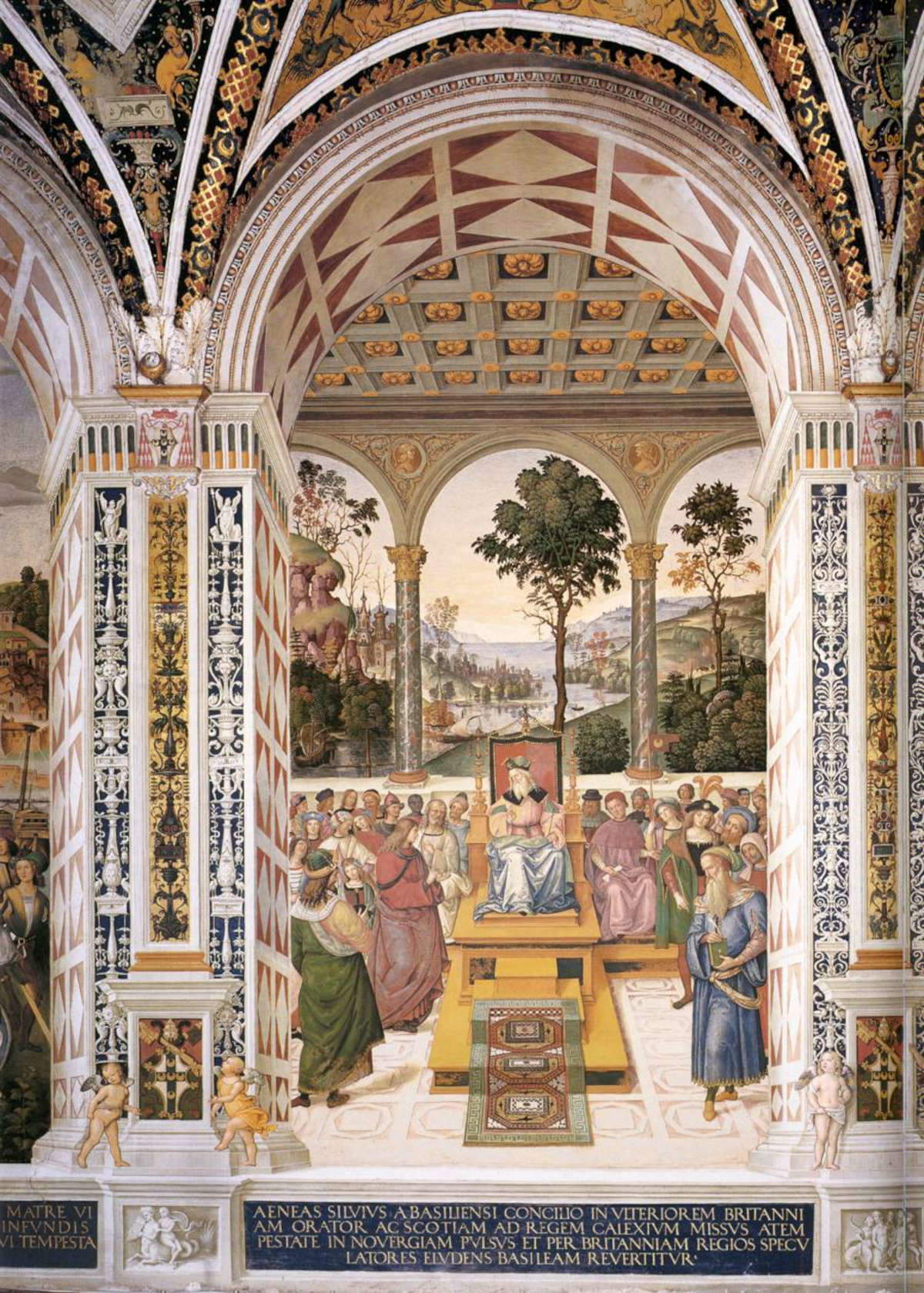 Bernardino Betti detto il Pinturicchio, Enea Silvio Piccolomini ambasciatore alla corte di Giacomo I di Scozia (1502-1508; affresco; Siena, Libreria Piccolomini) Bernardino Betti detto il Pinturicchio, Enea Silvio Piccolomini ambasciatore alla corte di Giacomo I di Scozia (1502-1508; affresco; Siena, Libreria Piccolomini)