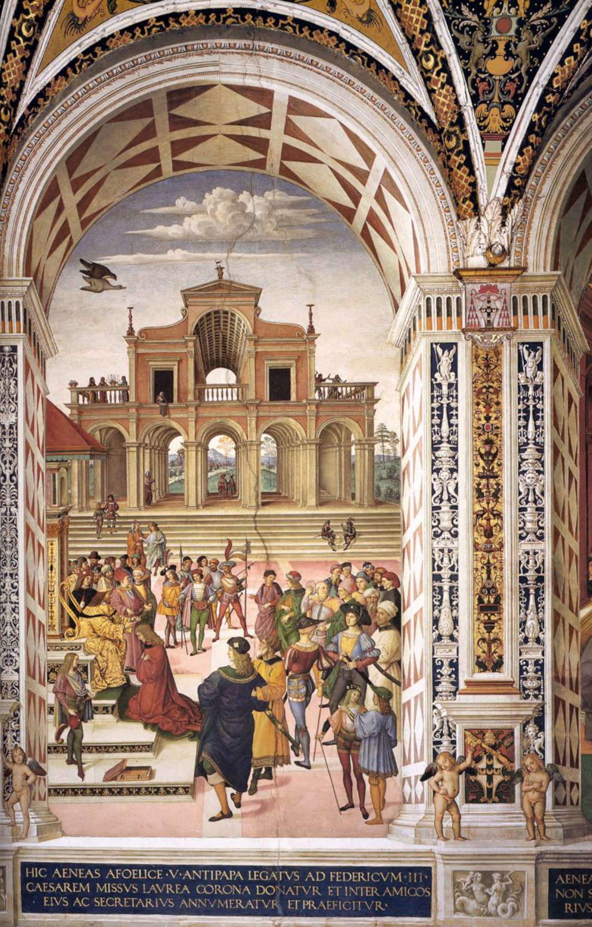 Bernardino Betti detto il Pinturicchio, Federico III incorona Enea Silvio Piccolomini con la corona d'alloro (1502-1508; affresco; Siena, Libreria Piccolomini) Bernardino Betti detto il Pinturicchio, Federico III incorona Enea Silvio Piccolomini con la corona d'alloro (1502-1508; affresco; Siena, Libreria Piccolomini)