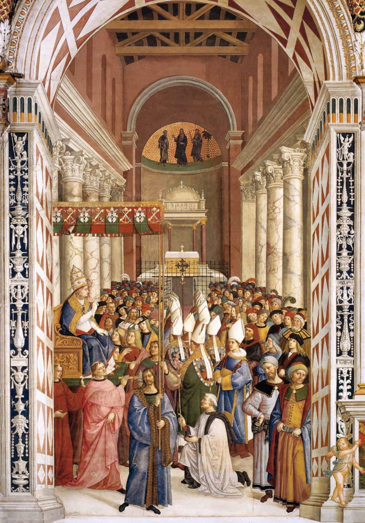 Bernardino Betti detto il Pinturicchio, Enea Silvio Piccolomini diventa papa Pio II (1502-1508; affresco; Siena, Libreria Piccolomini) Bernardino Betti detto il Pinturicchio, Enea Silvio Piccolomini diventa papa Pio II (1502-1508; affresco; Siena, Libreria Piccolomini)